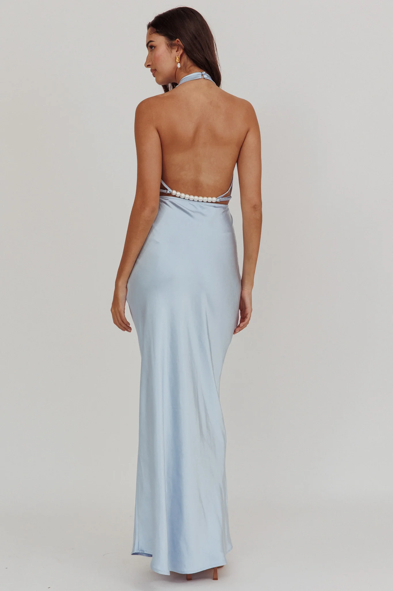 Gelato Pearl Strap Halter Maxi Dress Blue - luluinthesky