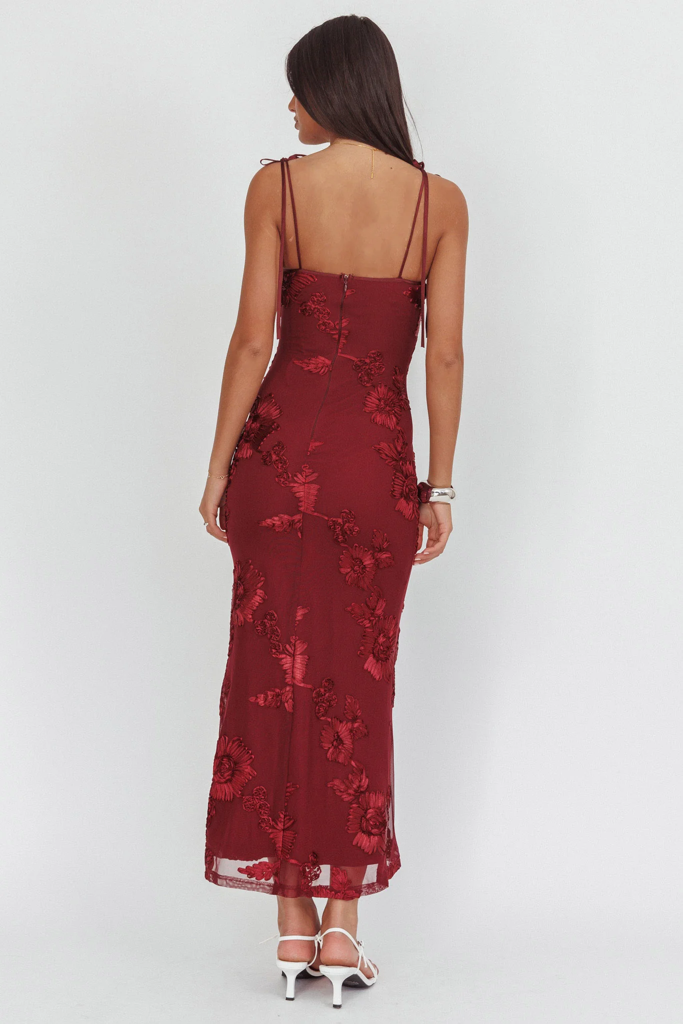 Kaela Tied Shoulder Maxi Dress Embellished Wine - luluinthesky