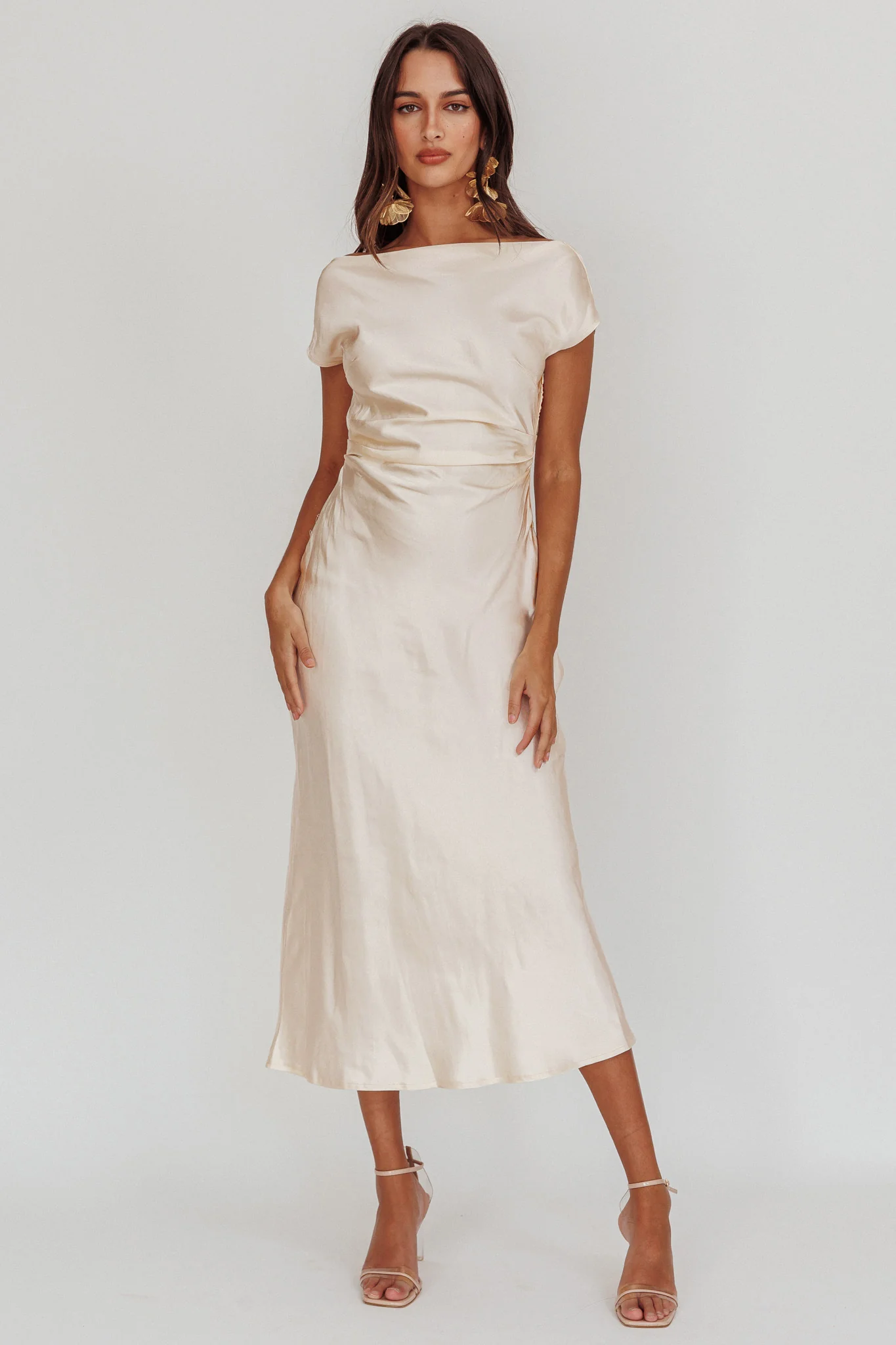 Loveland Cap Sleeve Cowl Back Midi Dress Oyster - luluinthesky