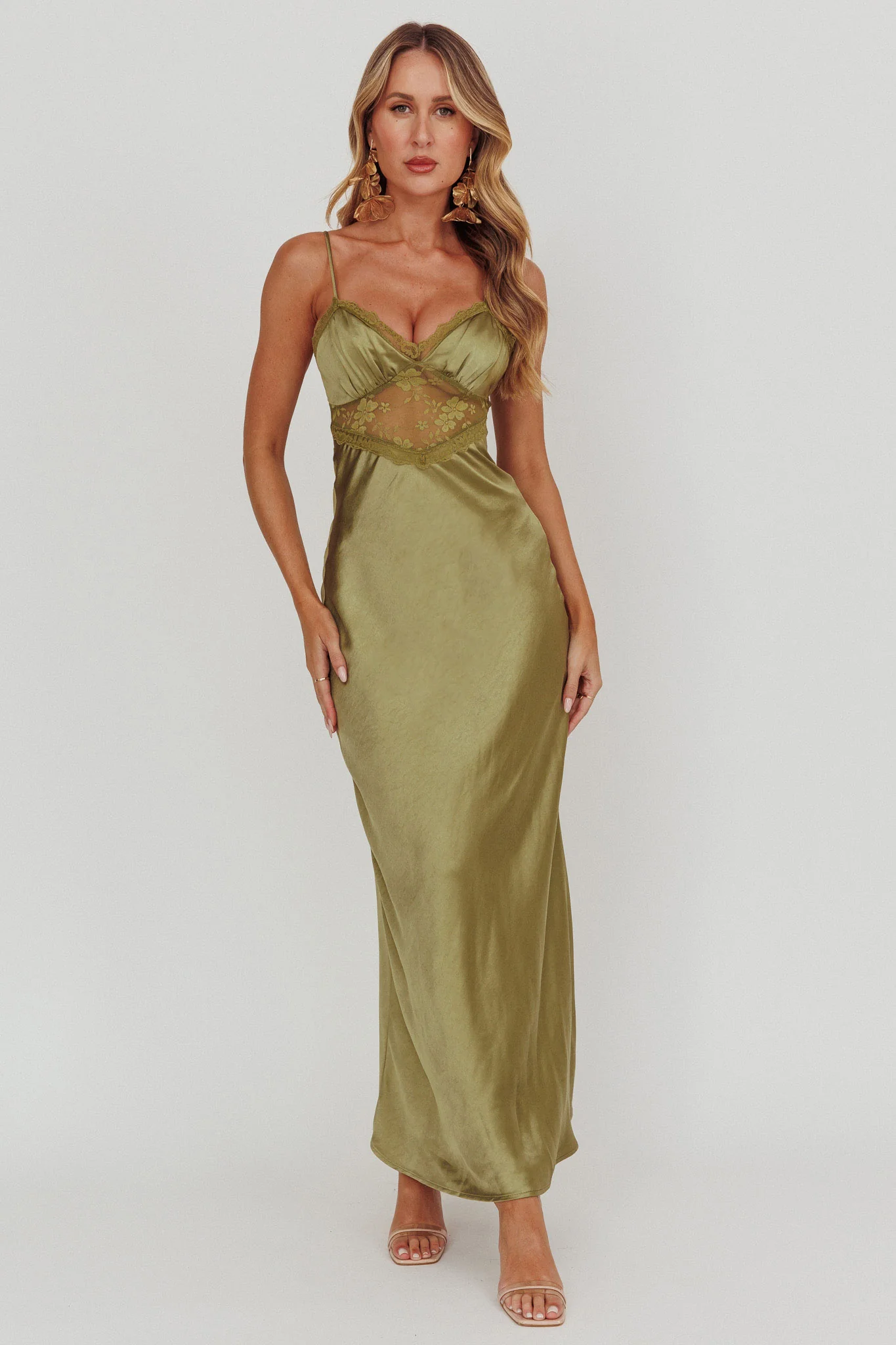 Her theory Lace Trim Maxi Dress Olive - luluinthesky