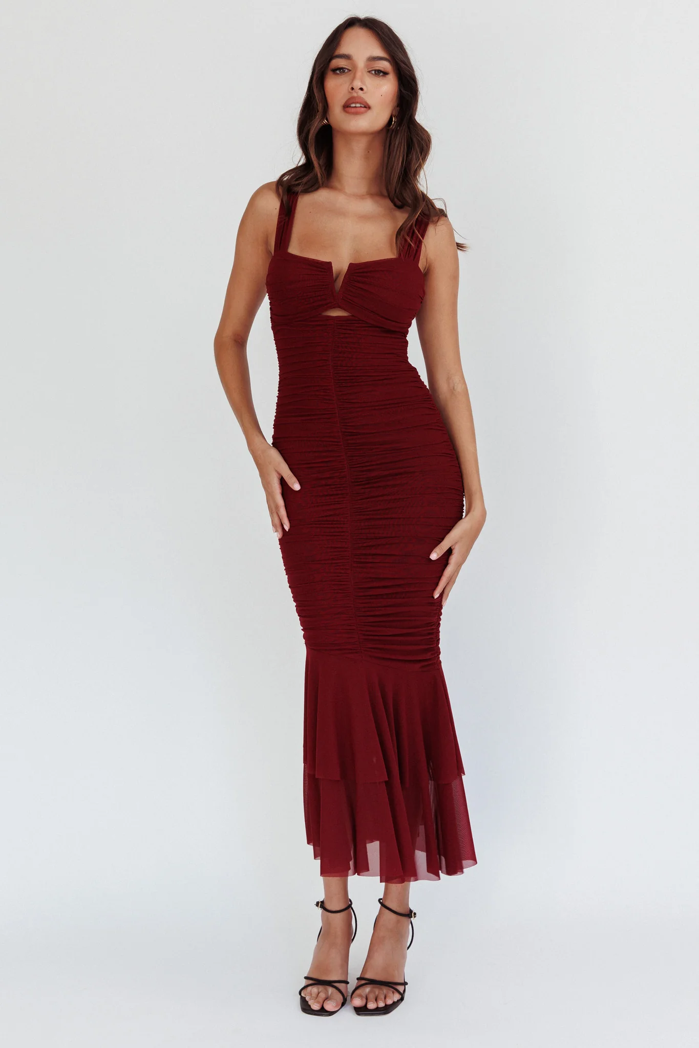 Nadia Ruched Fishtail Maxi Dress Dark Mauve - luluinthesky
