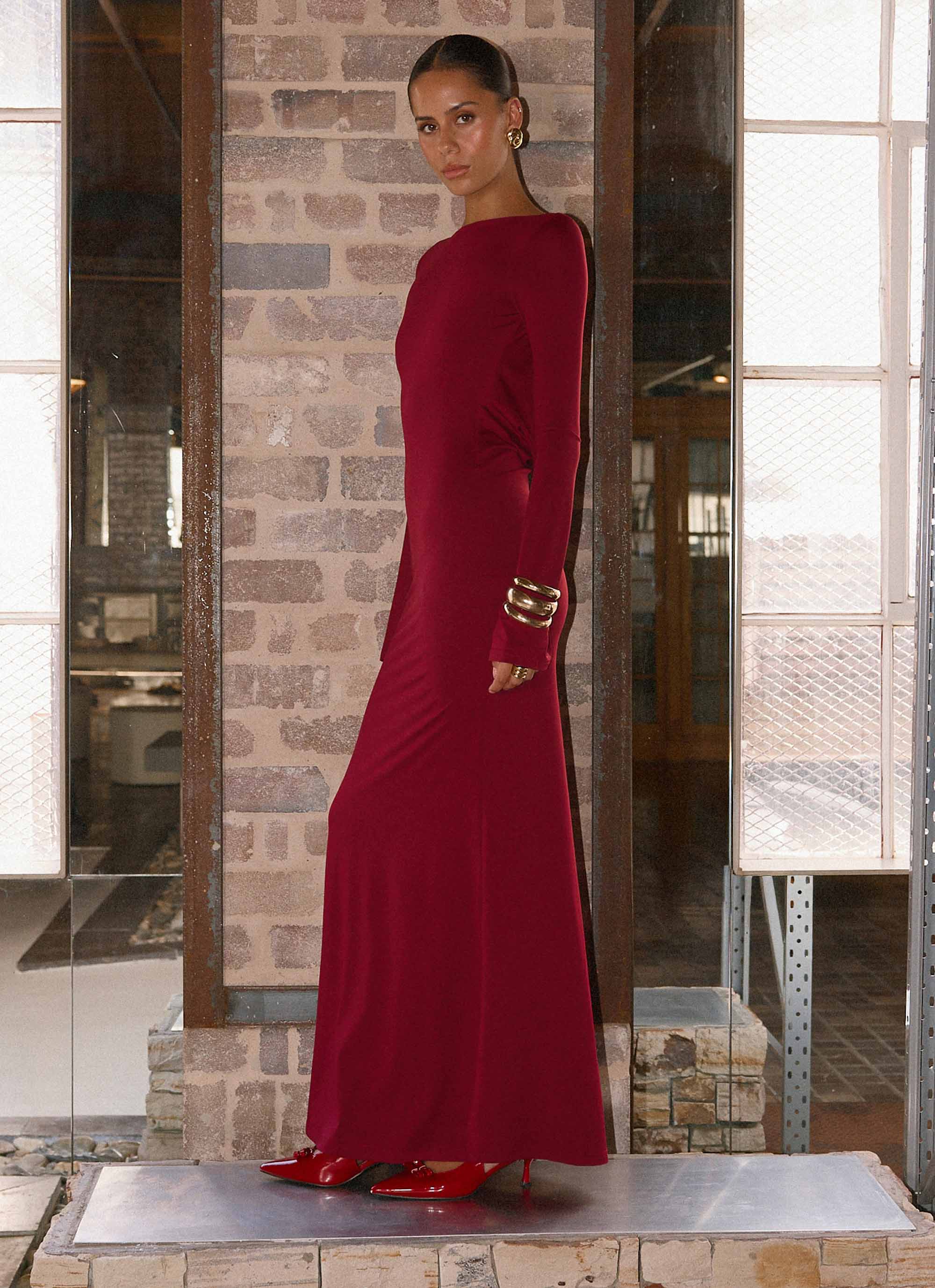 Elmont Long Sleeve Maxi Dress - Dark Cherry - luluinthesky