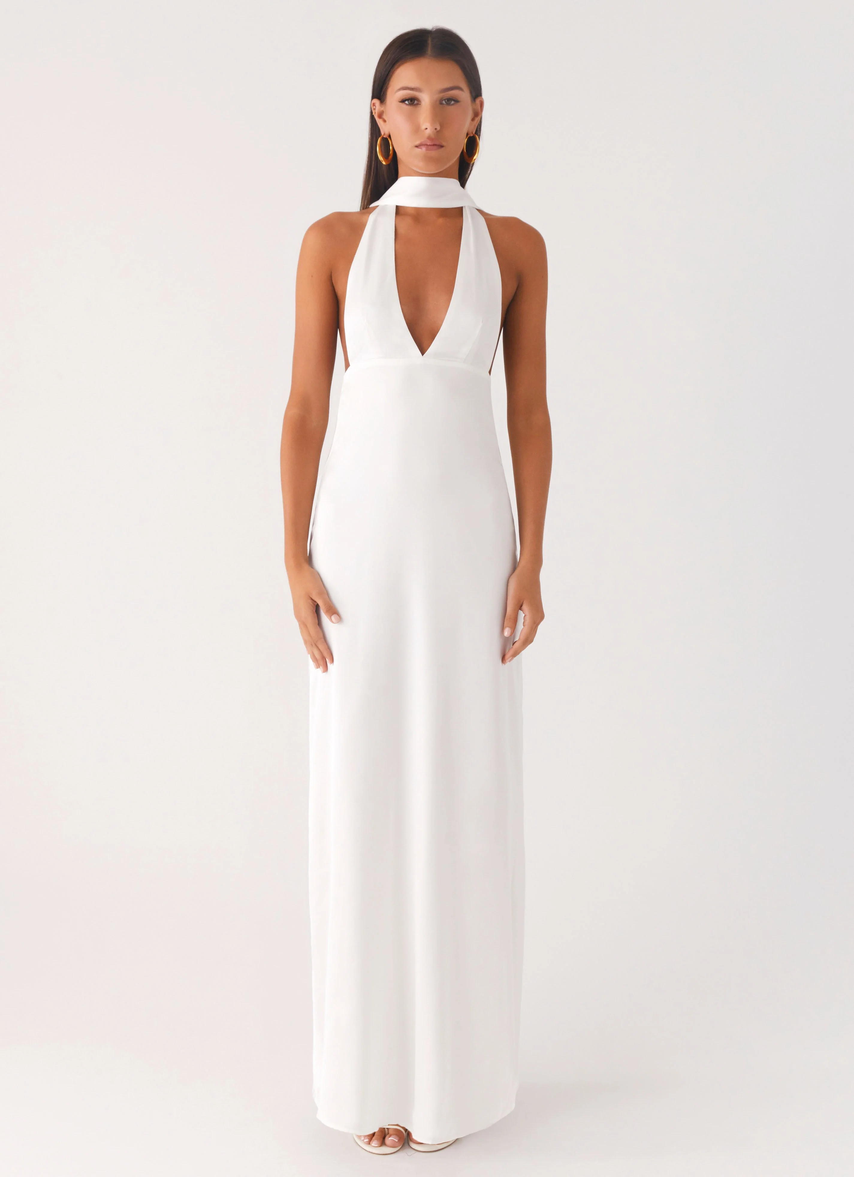Alicia Satin Halter Maxi Dress - White - luluinthesky