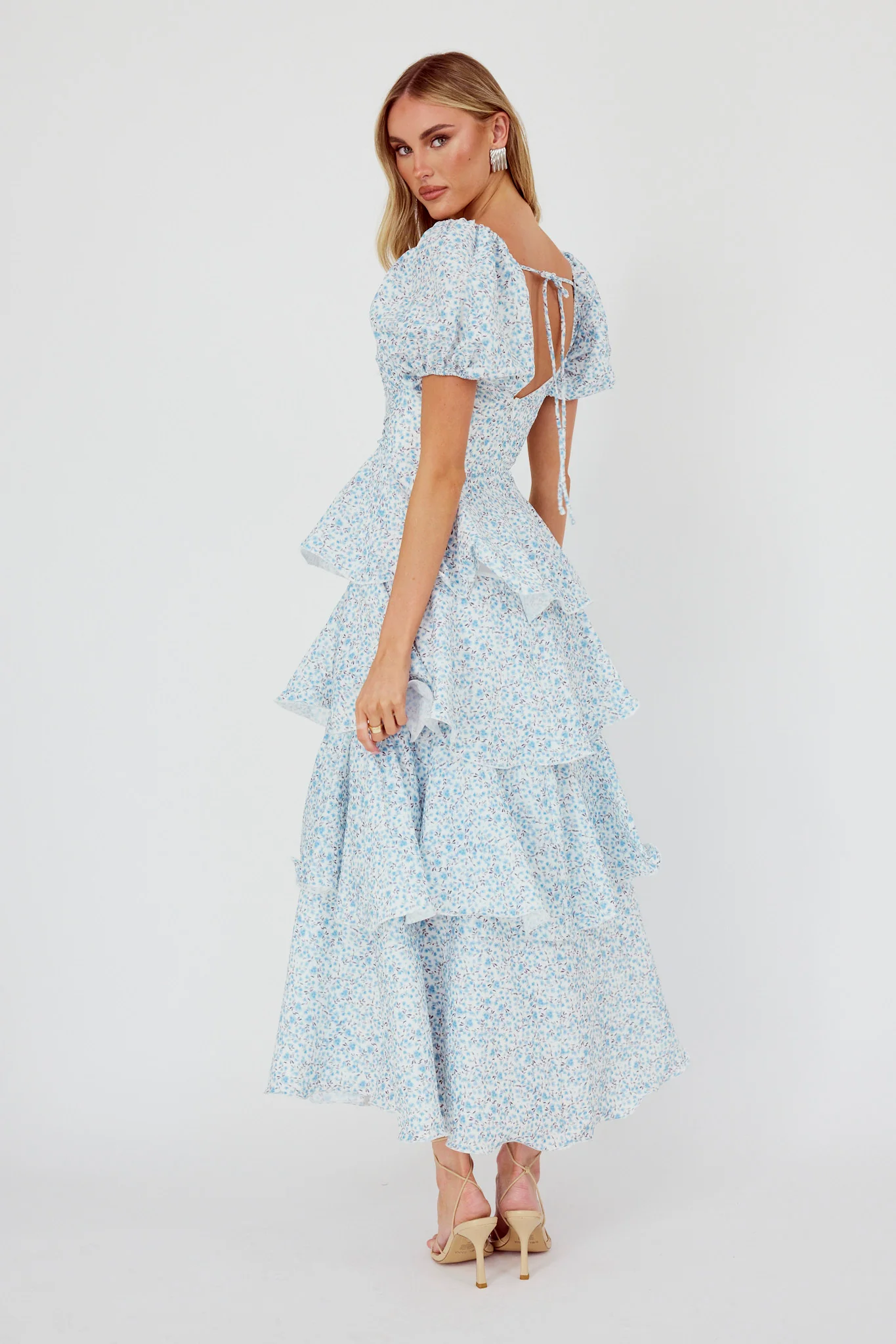 Giavana Puff Sleeve Layered Maxi Dress Floral Blue - luluinthesky