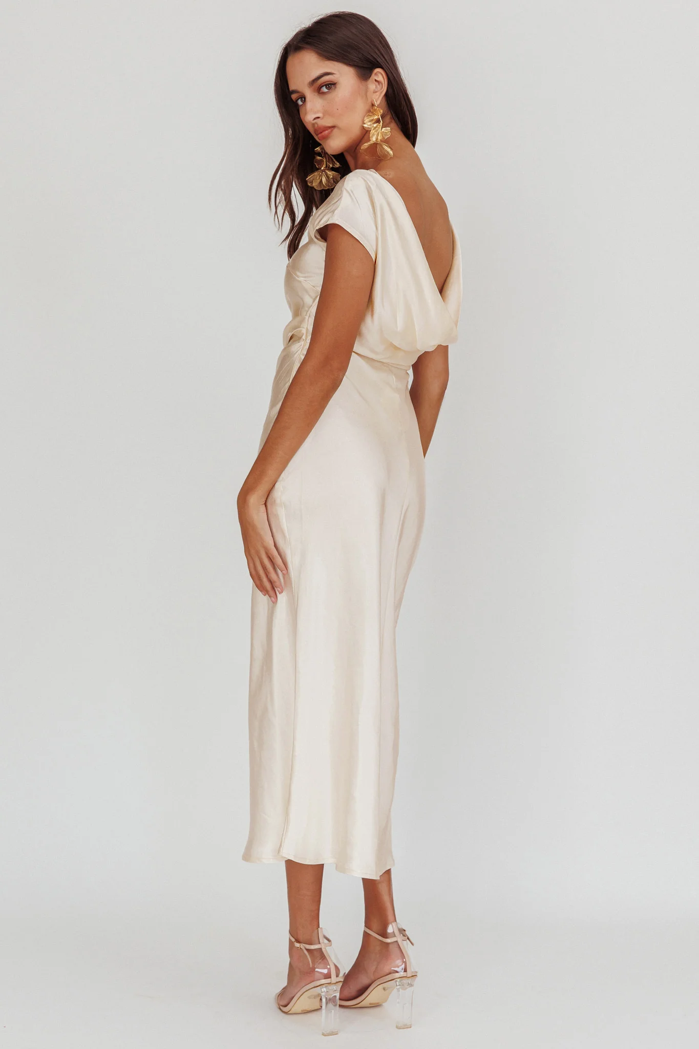 Loveland Cap Sleeve Cowl Back Midi Dress Oyster - luluinthesky