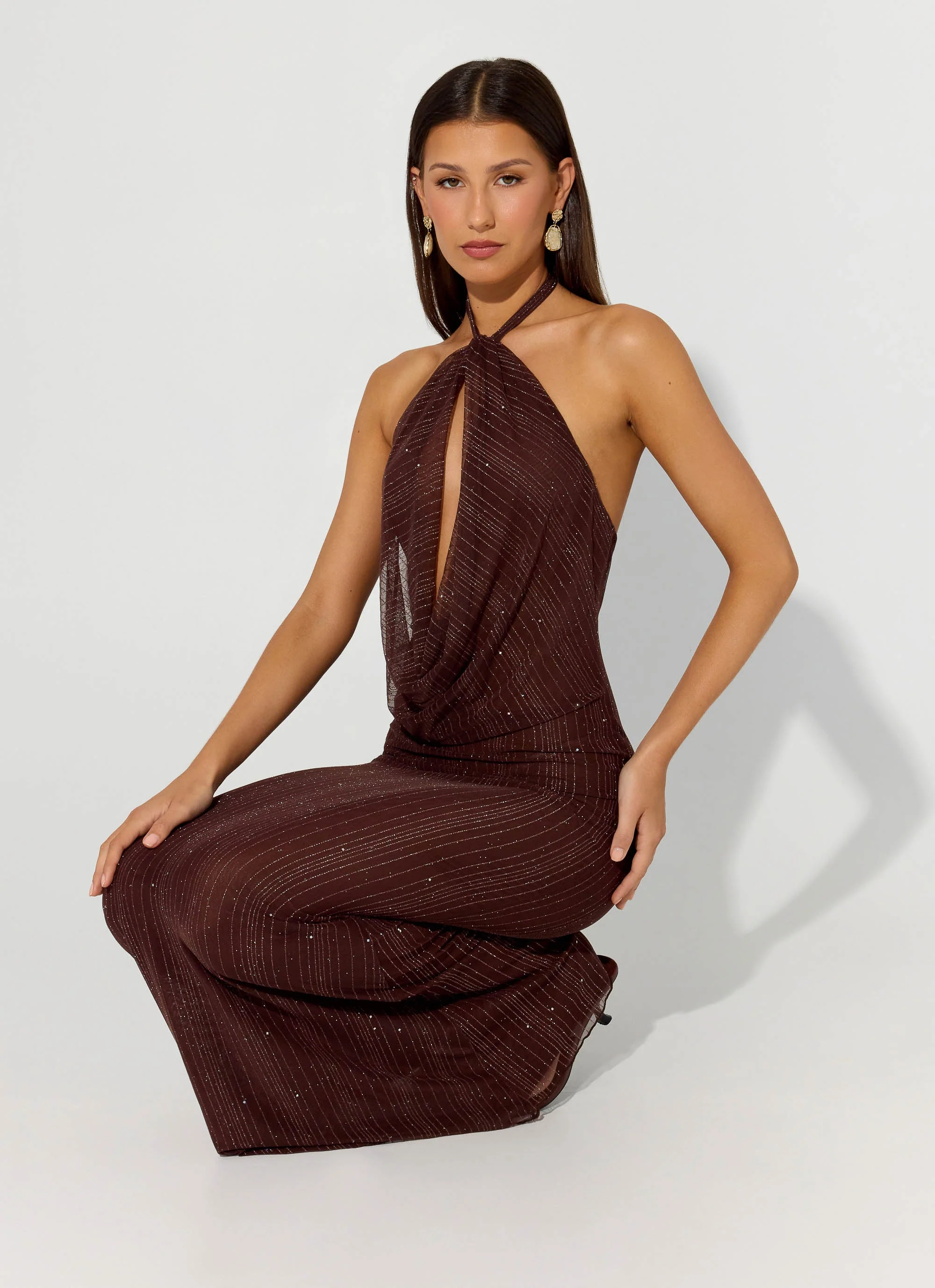 Haylan Sparkle Mesh Maxi Dress - Chocolate - luluinthesky