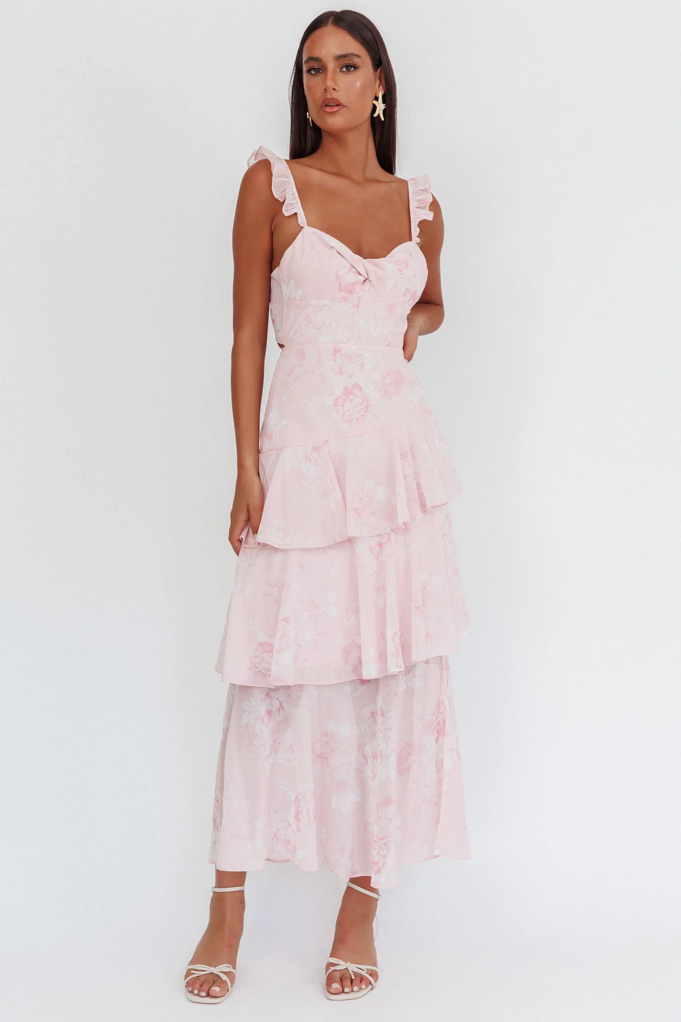 Veda Ruffle Strap Split Maxi Dress Roses Blush - luluinthesky