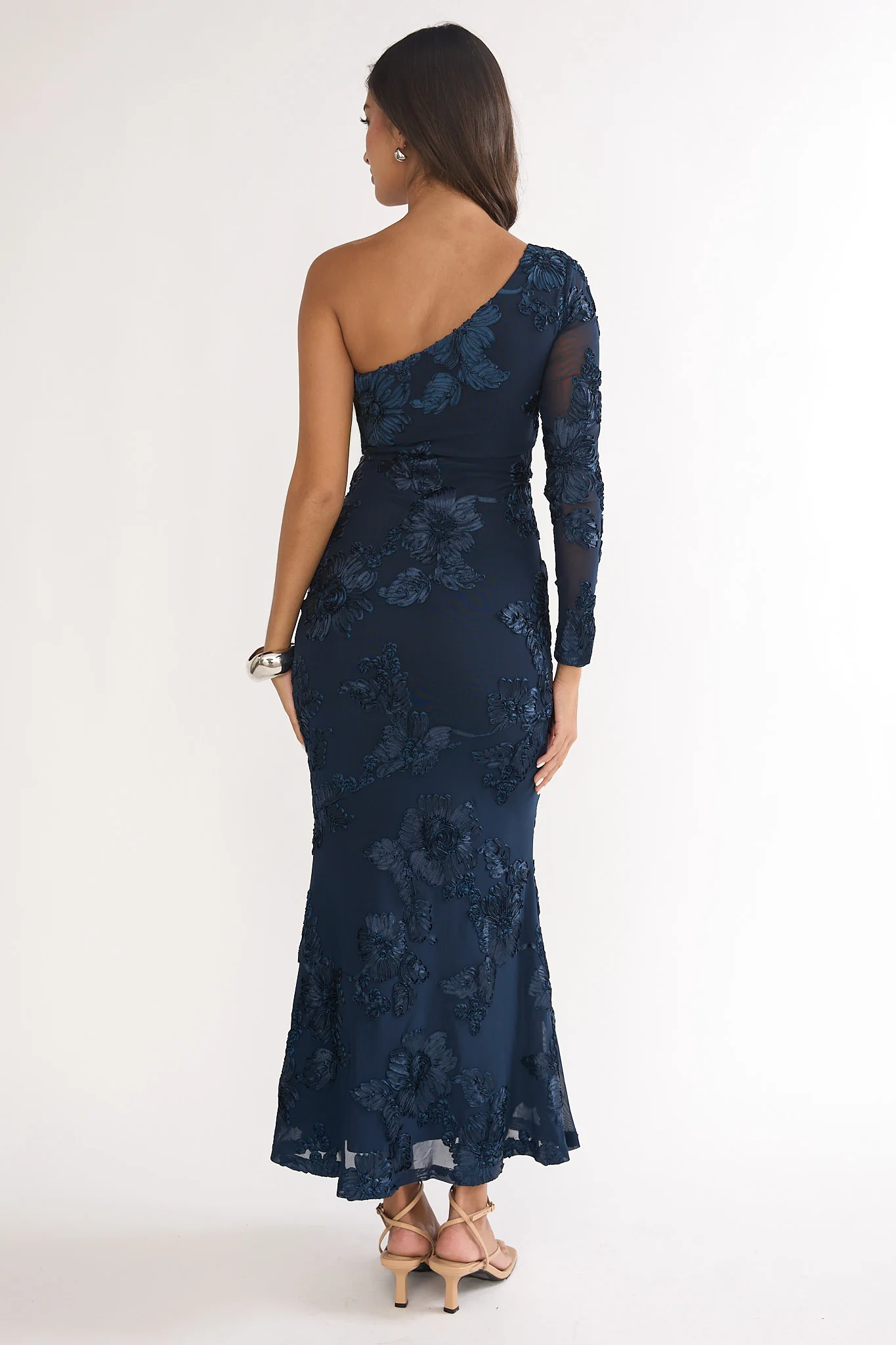 Deanna One-Shoulder Sleeve Maxi Dress Embellished Navy - luluinthesky
