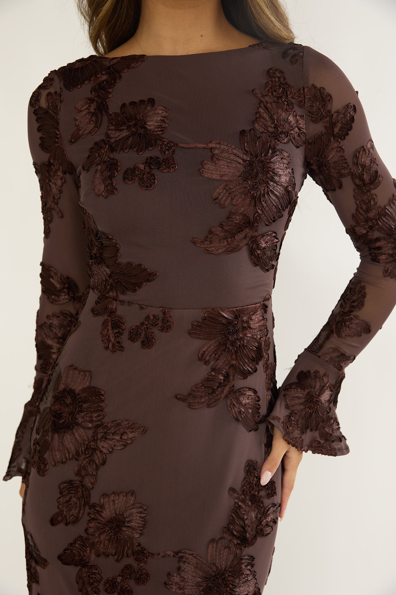 Helsi Long Sleeve Embellished Maxi Dress Brown - luluinthesky