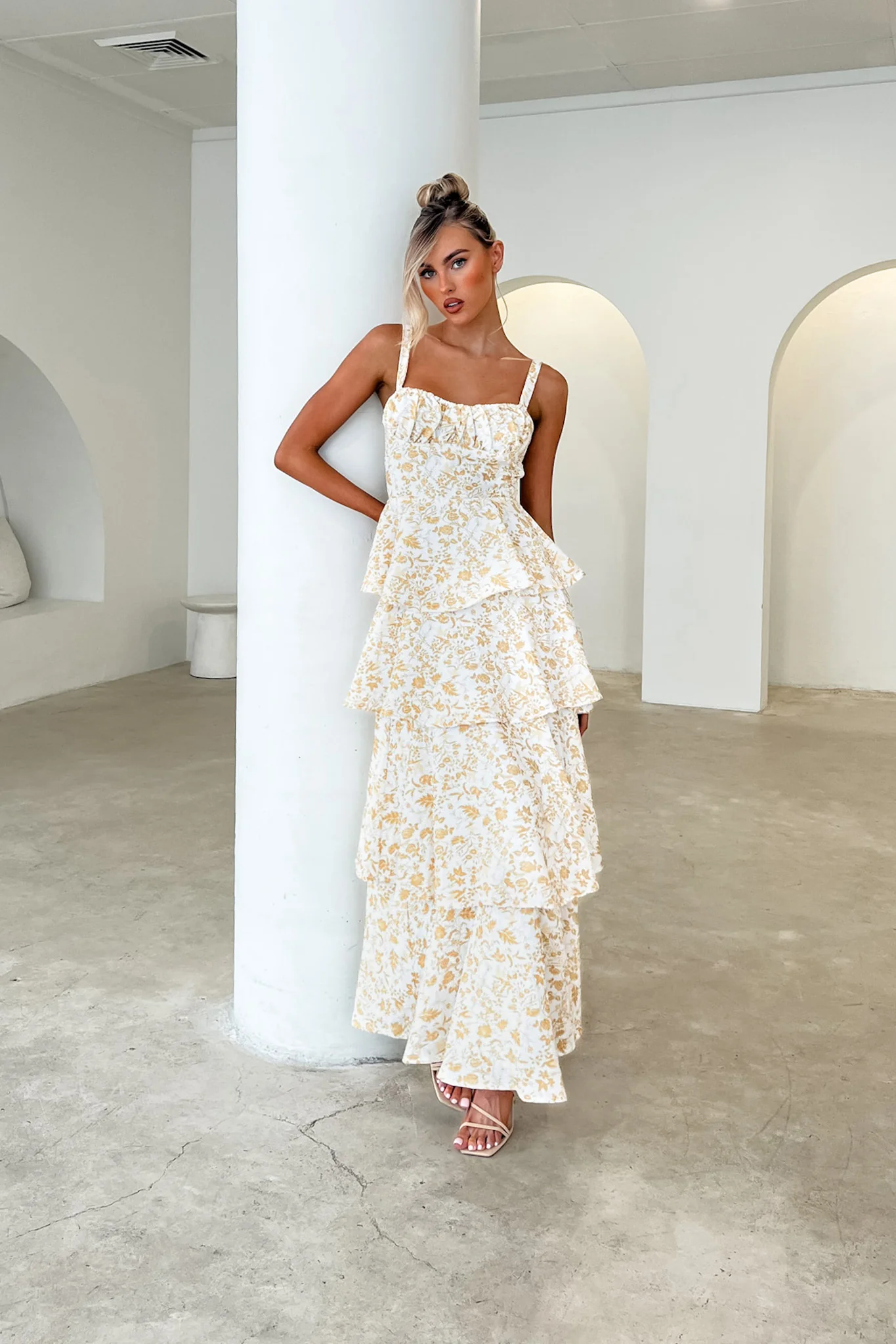 Provence Bloom Tiered Midi Dress Floral Yellow - luluinthesky