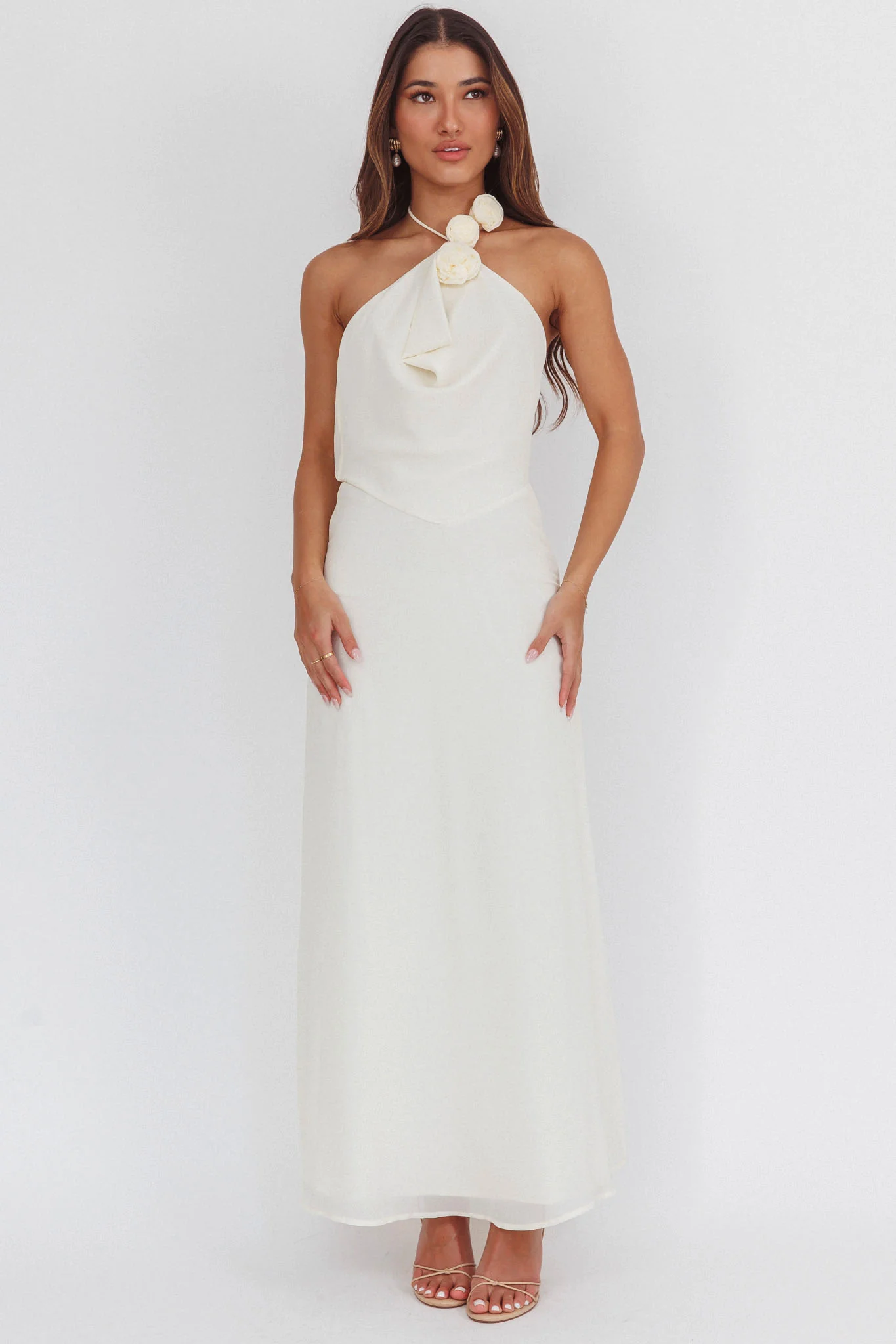Petronilla Rosette Halterneck Maxi Dress Eggshell - luluinthesky