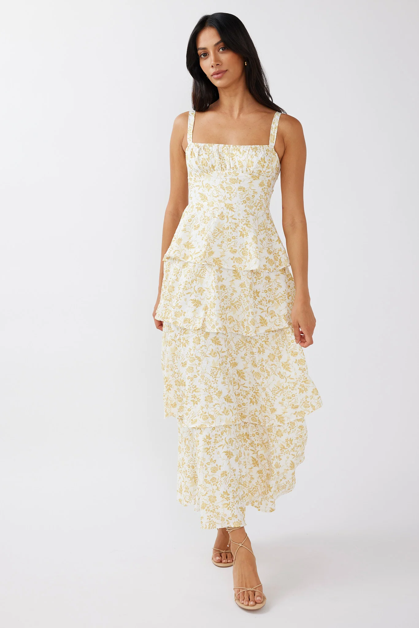 Provence Bloom Tiered Midi Dress Floral Yellow - luluinthesky
