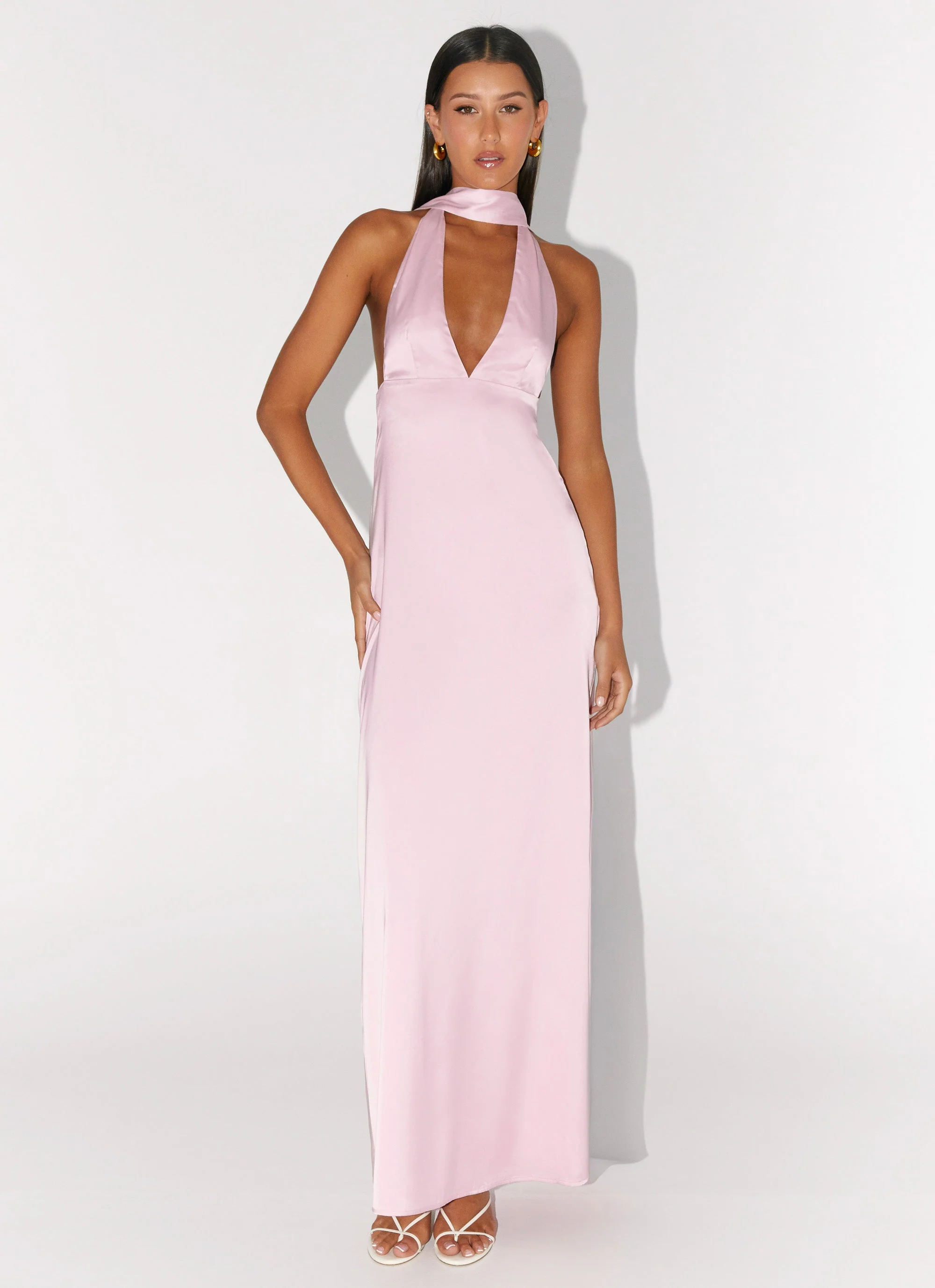 Alicia Satin Halter Maxi Dress - Baby Pink - luluinthesky