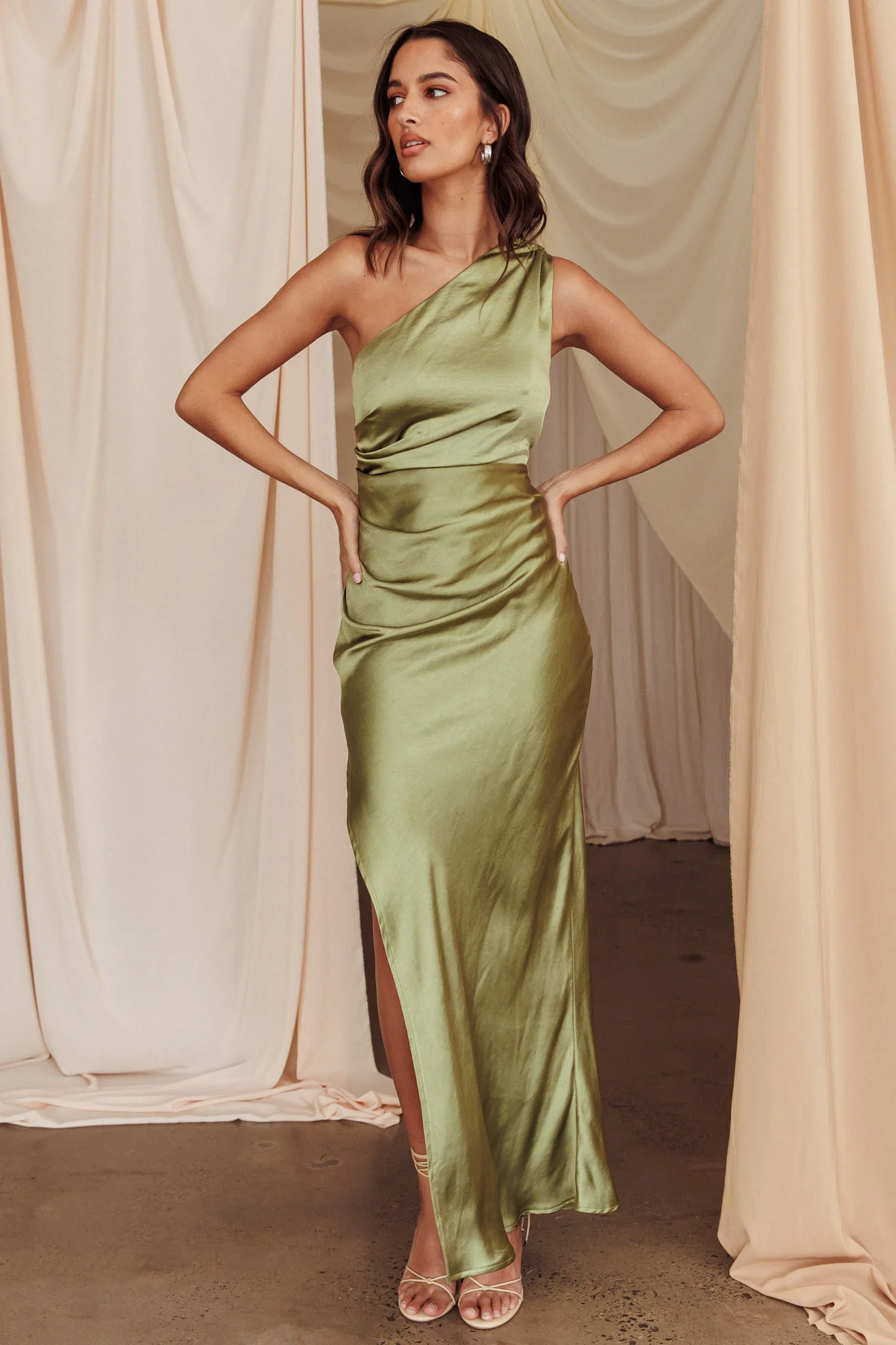 Kamillia One-Shoulder Split Maxi Dress Olive - luluinthesky