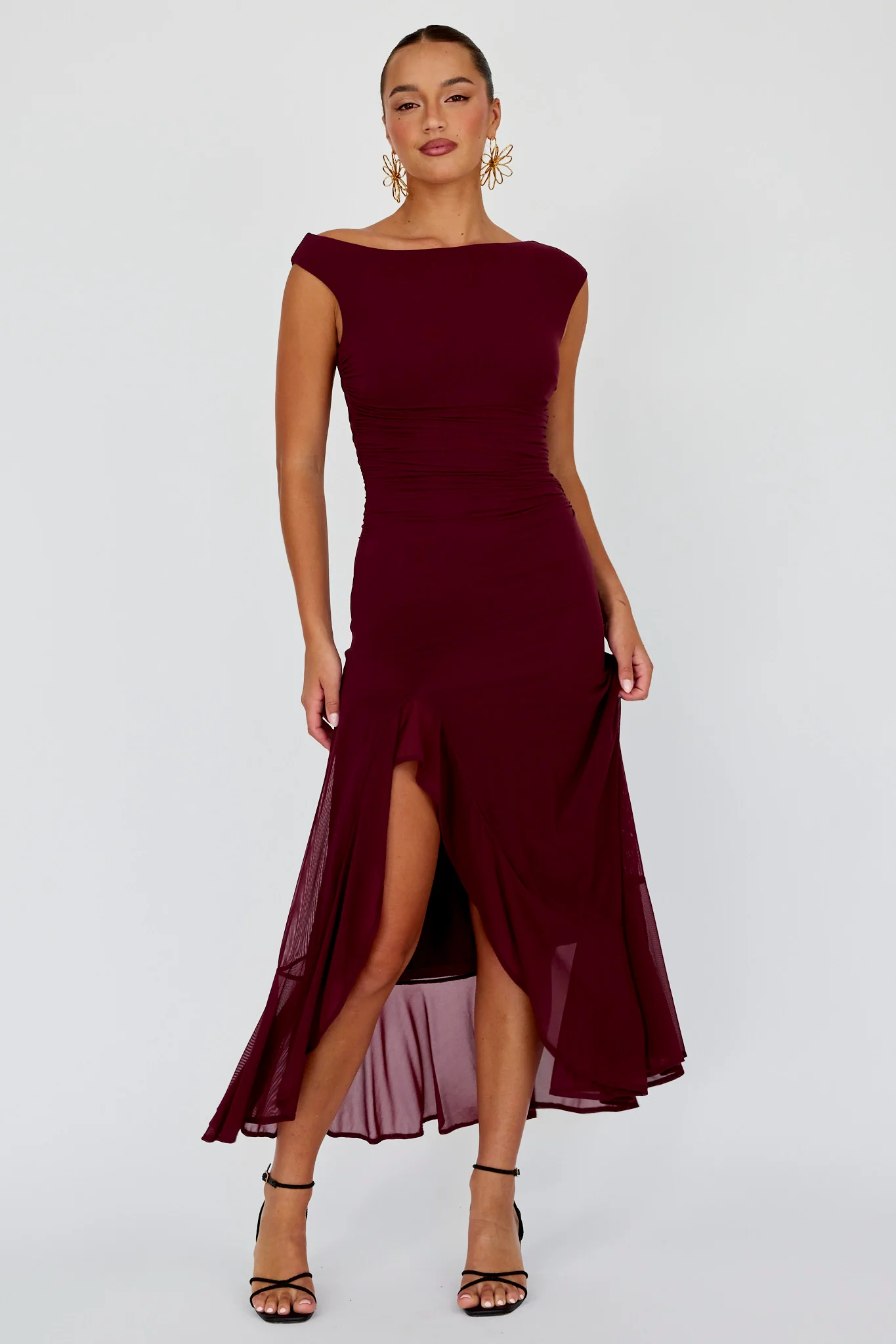Moonlit Magic Asymmetric Neckline Maxi Dress Wine - luluinthesky
