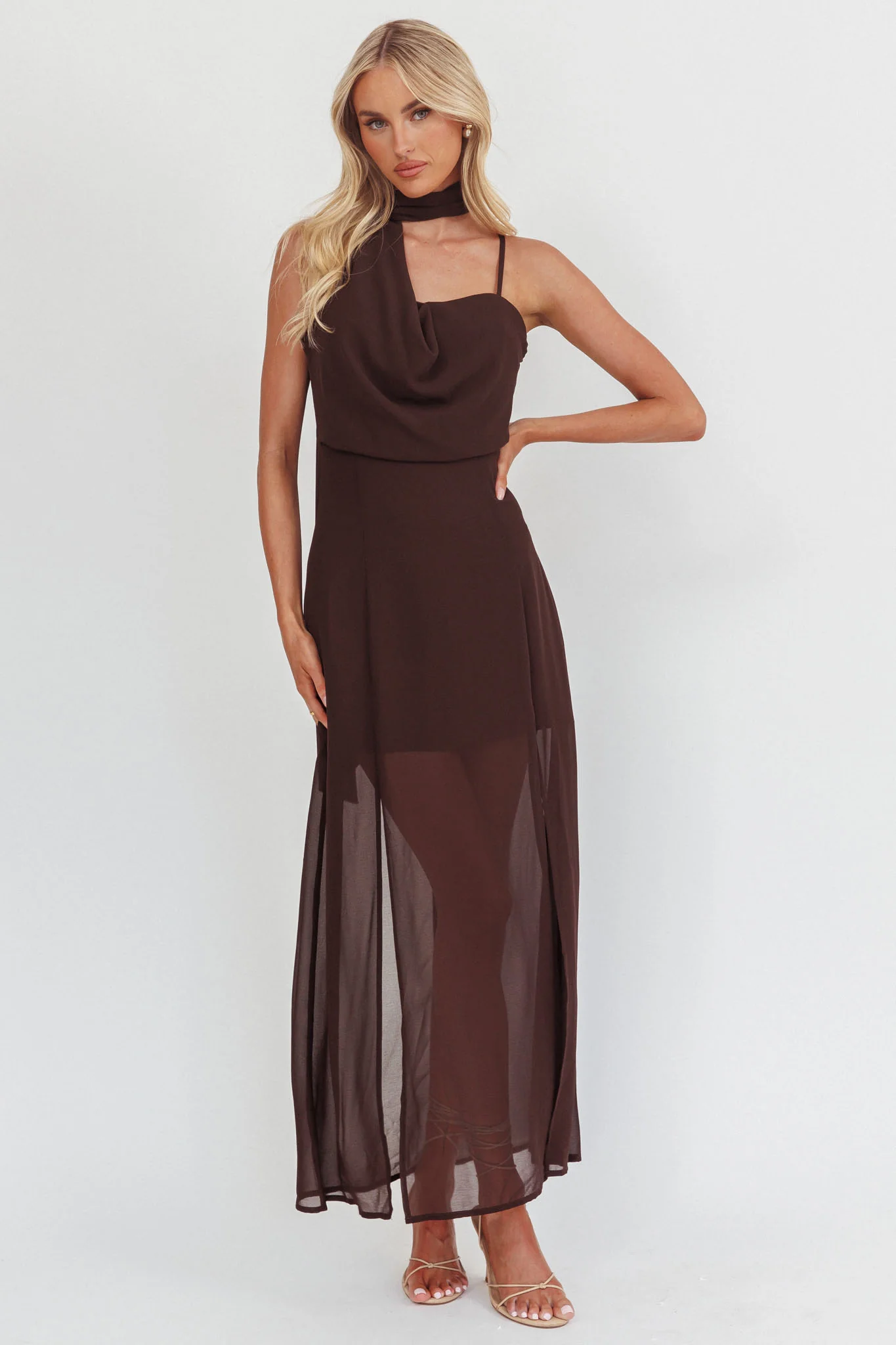 My Paradise Neck Scarf Maxi Dress Chocolate - luluinthesky