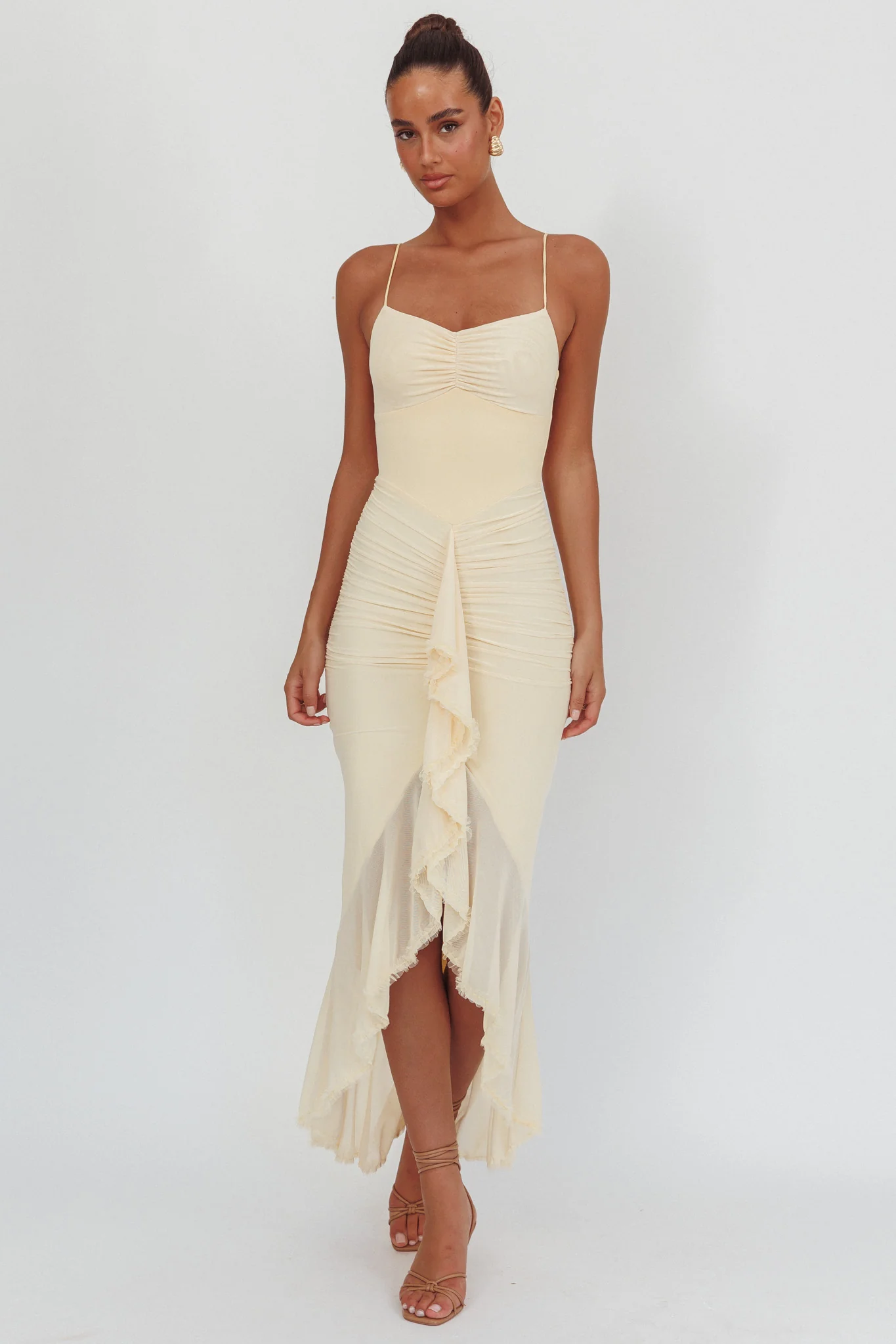 Kamilah Gathered Cascading Ruffle Midi Dress Butter - luluinthesky