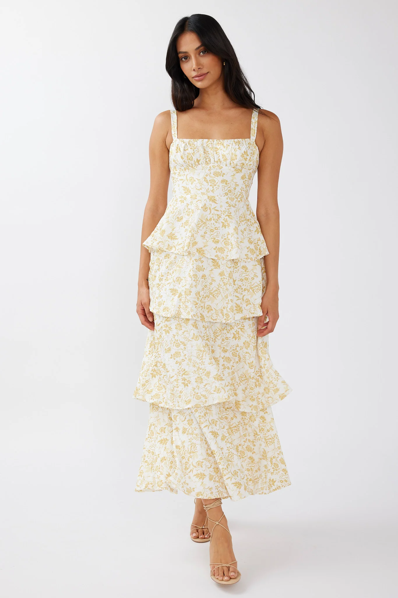 Provence Bloom Tiered Midi Dress Floral Yellow - luluinthesky