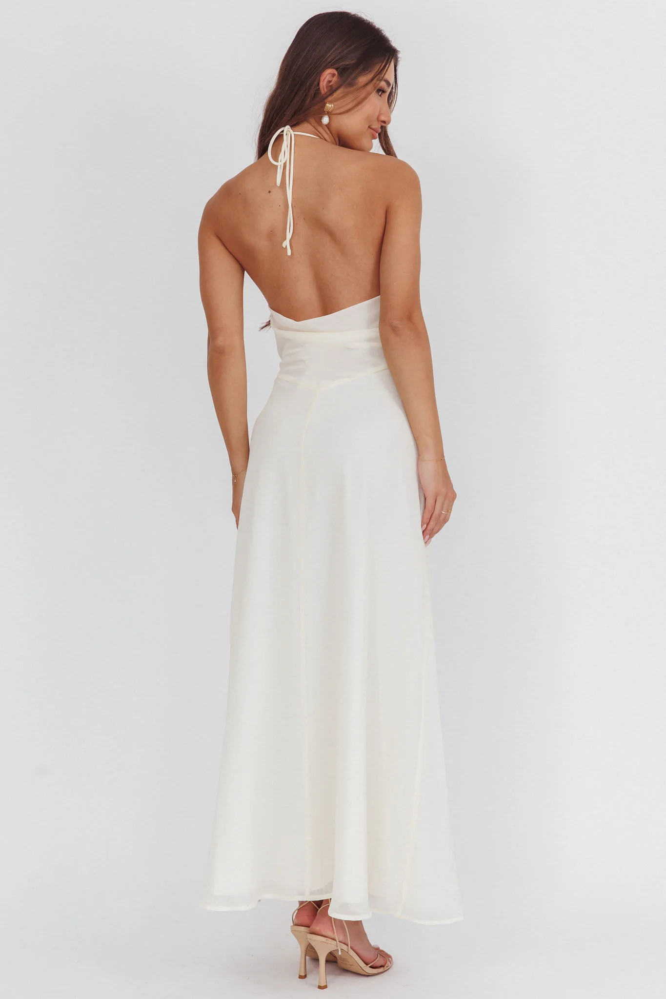 Petronilla Rosette Halterneck Maxi Dress Eggshell - luluinthesky