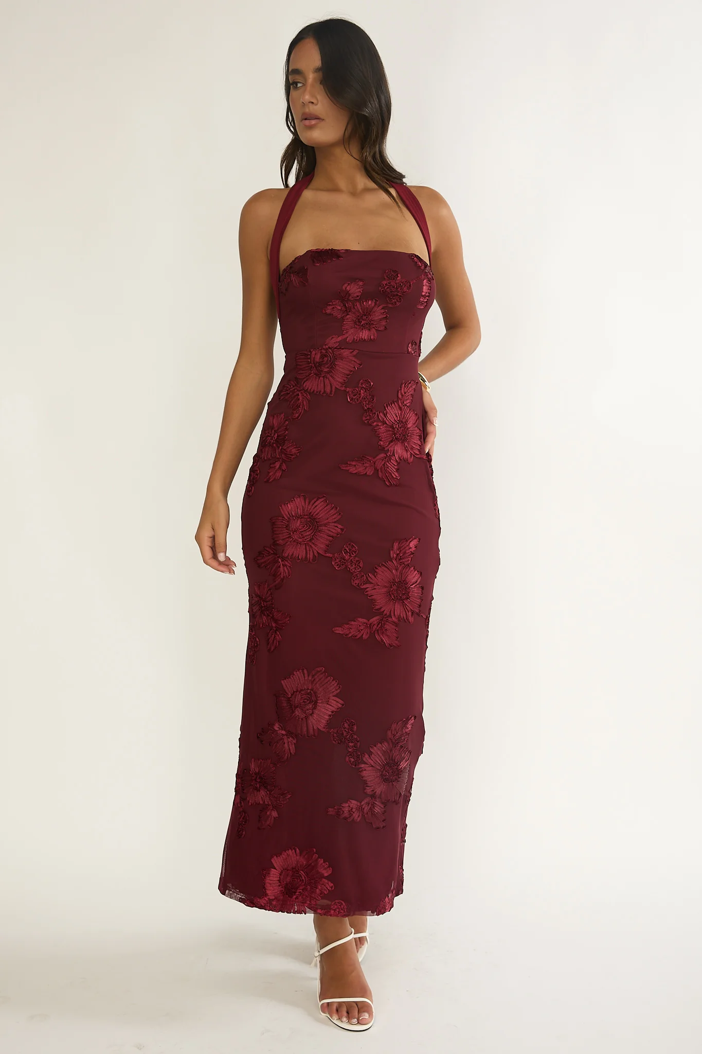 Serenya Halterneck Embellished Maxi Dress Wine - luluinthesky