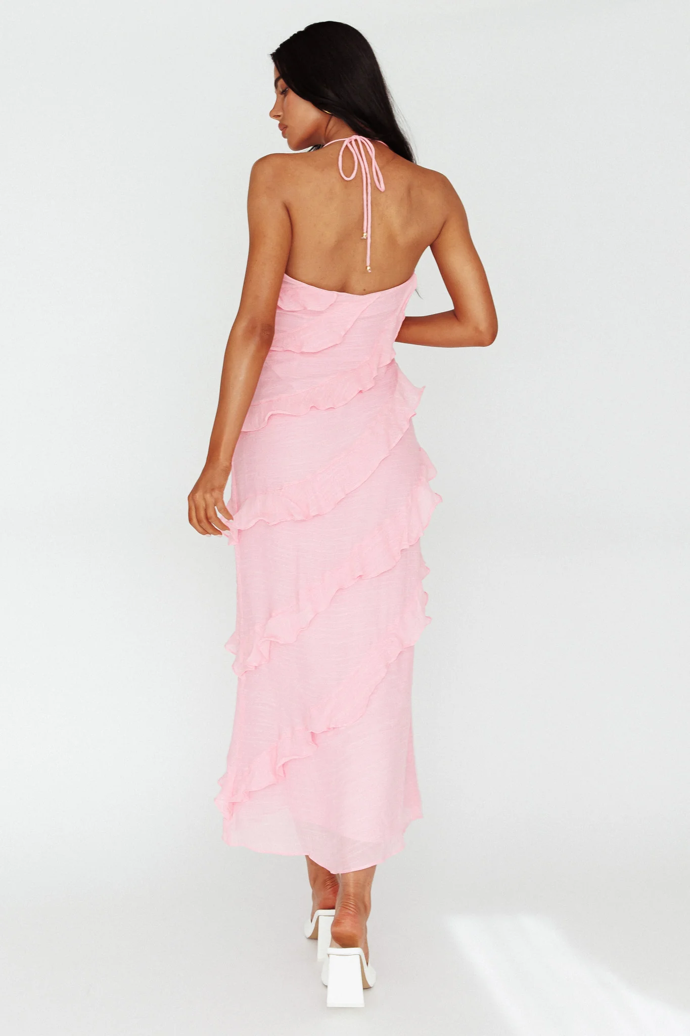 Arrabel Halterneck Ruffle Maxi Dress Pink - luluinthesky