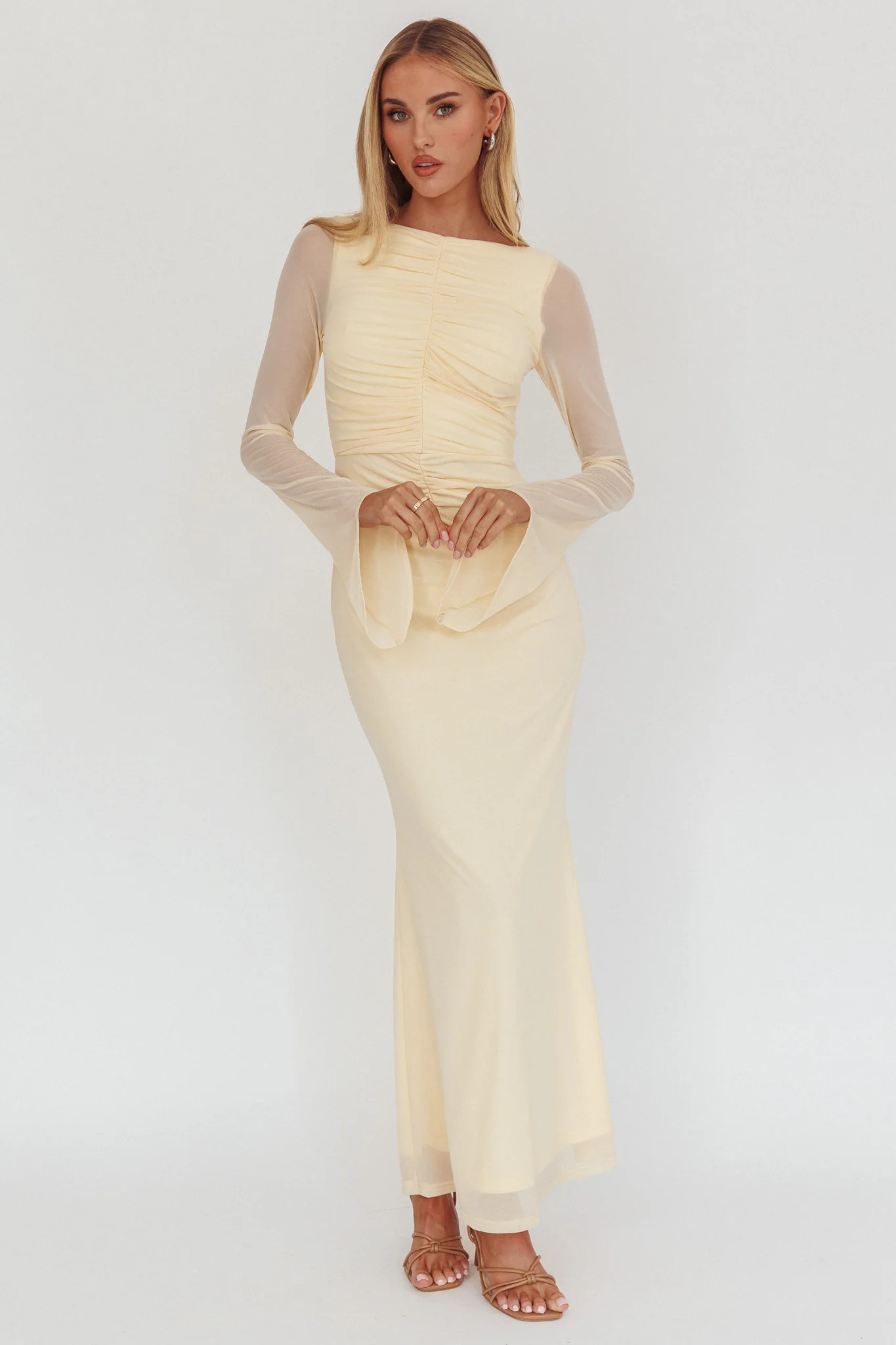 Luna Love Long Sleeve Mesh Maxi Dress Cream - luluinthesky