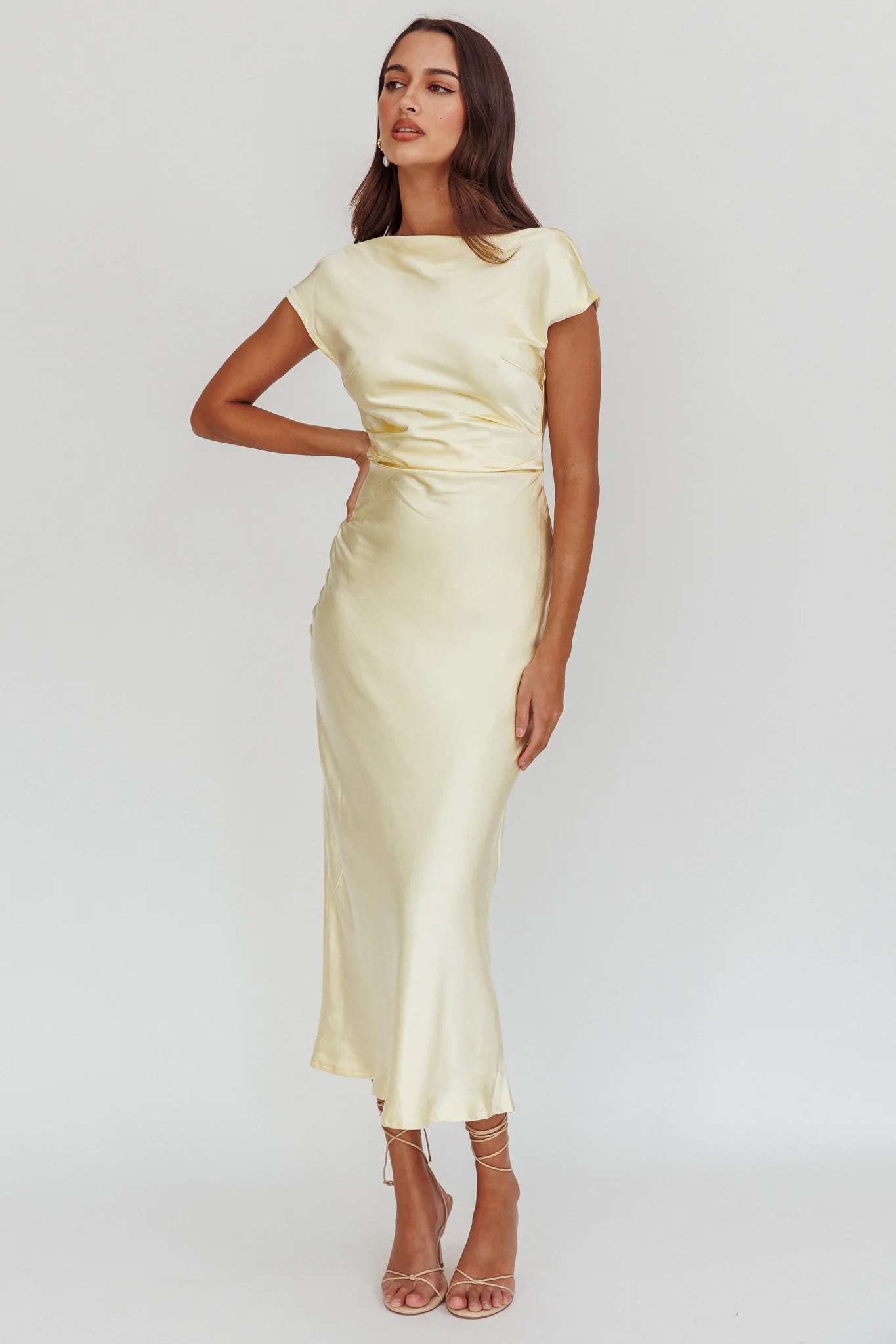 Loveland Cap Sleeve Cowl Back Midi Dress Butter - luluinthesky