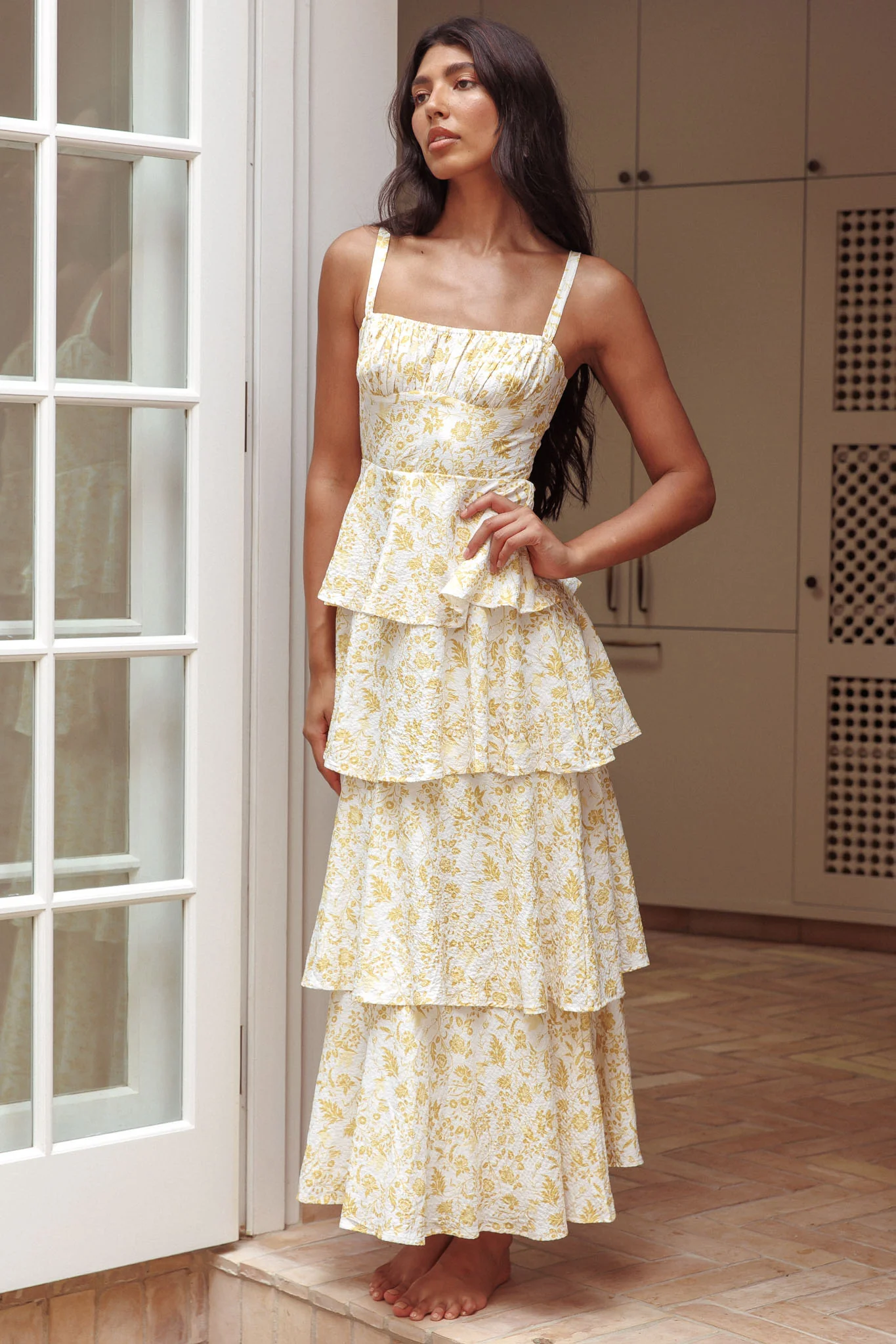Provence Bloom Tiered Midi Dress Floral Yellow - luluinthesky