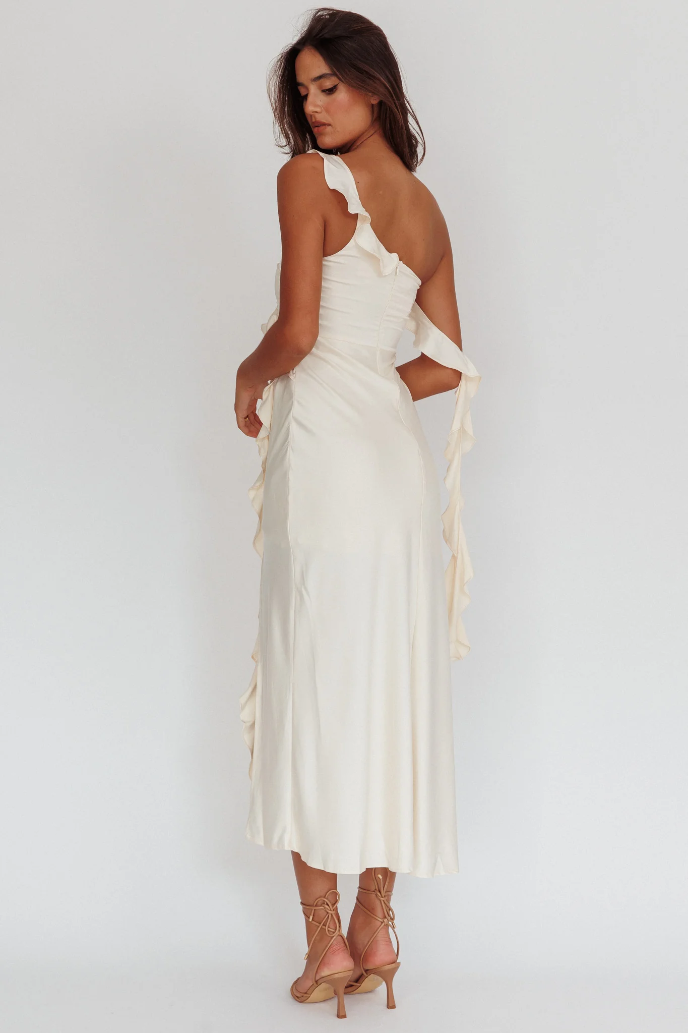 Like Yesterday Satin Ruffle Midi Dress Butter - luluinthesky