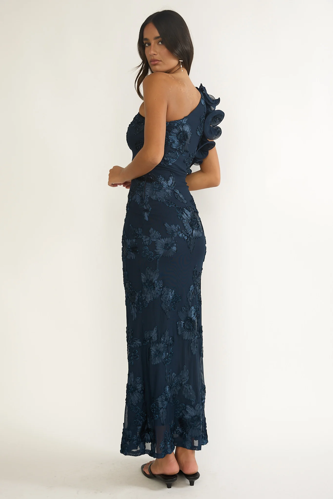Deanna One-Shoulder Ruffle Maxi Dress Floral Navy - luluinthesky