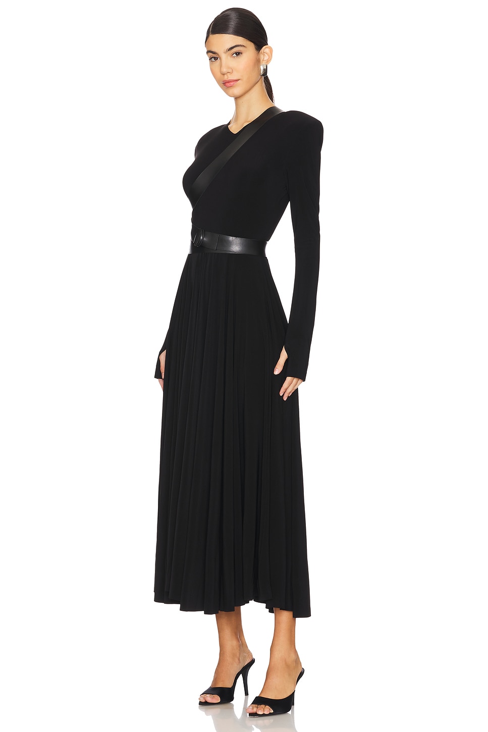 Long Sleeve Shoulder Pad V Neck Flared Dress - luluinthesky