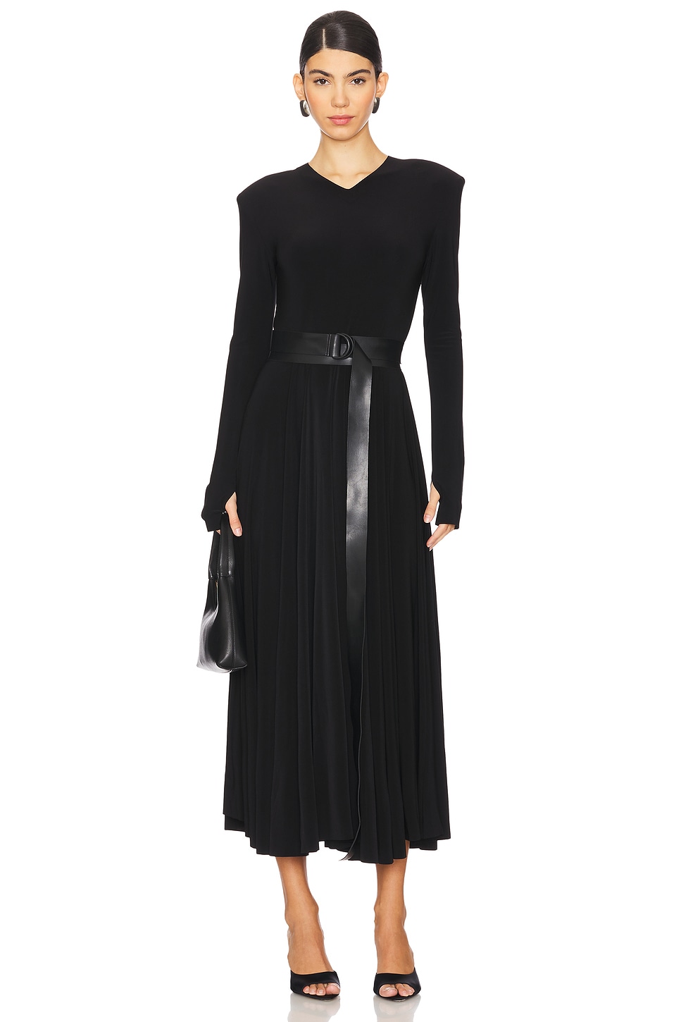Long Sleeve Shoulder Pad V Neck Flared Dress - luluinthesky