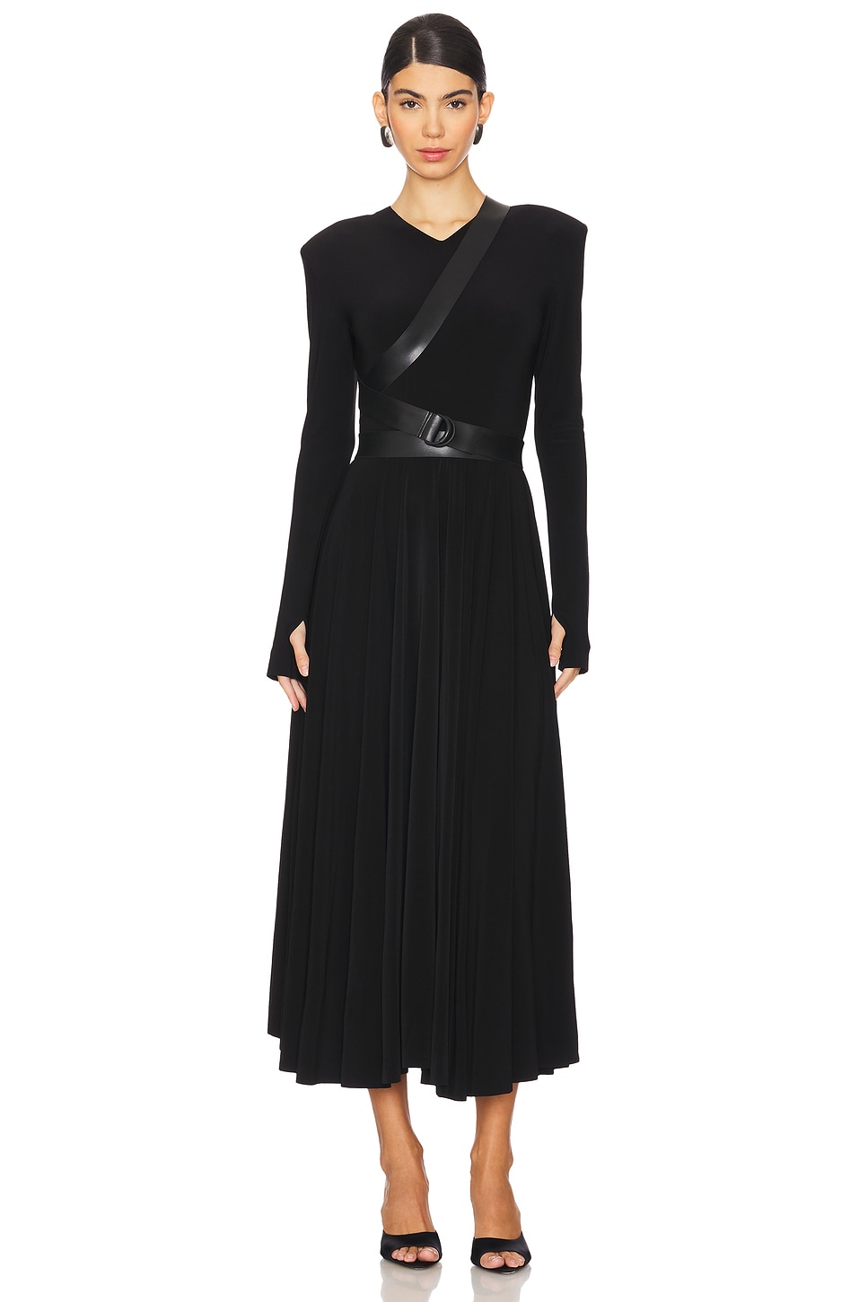Long Sleeve Shoulder Pad V Neck Flared Dress - luluinthesky