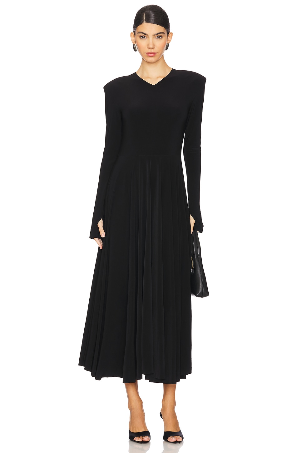 Long Sleeve Shoulder Pad V Neck Flared Dress - luluinthesky