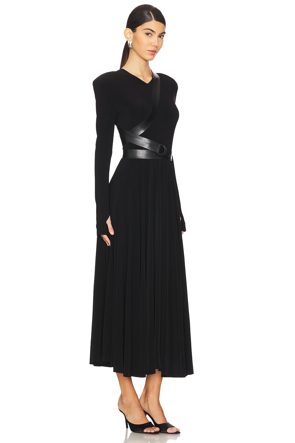 Long Sleeve Shoulder Pad V Neck Flared Dress - luluinthesky