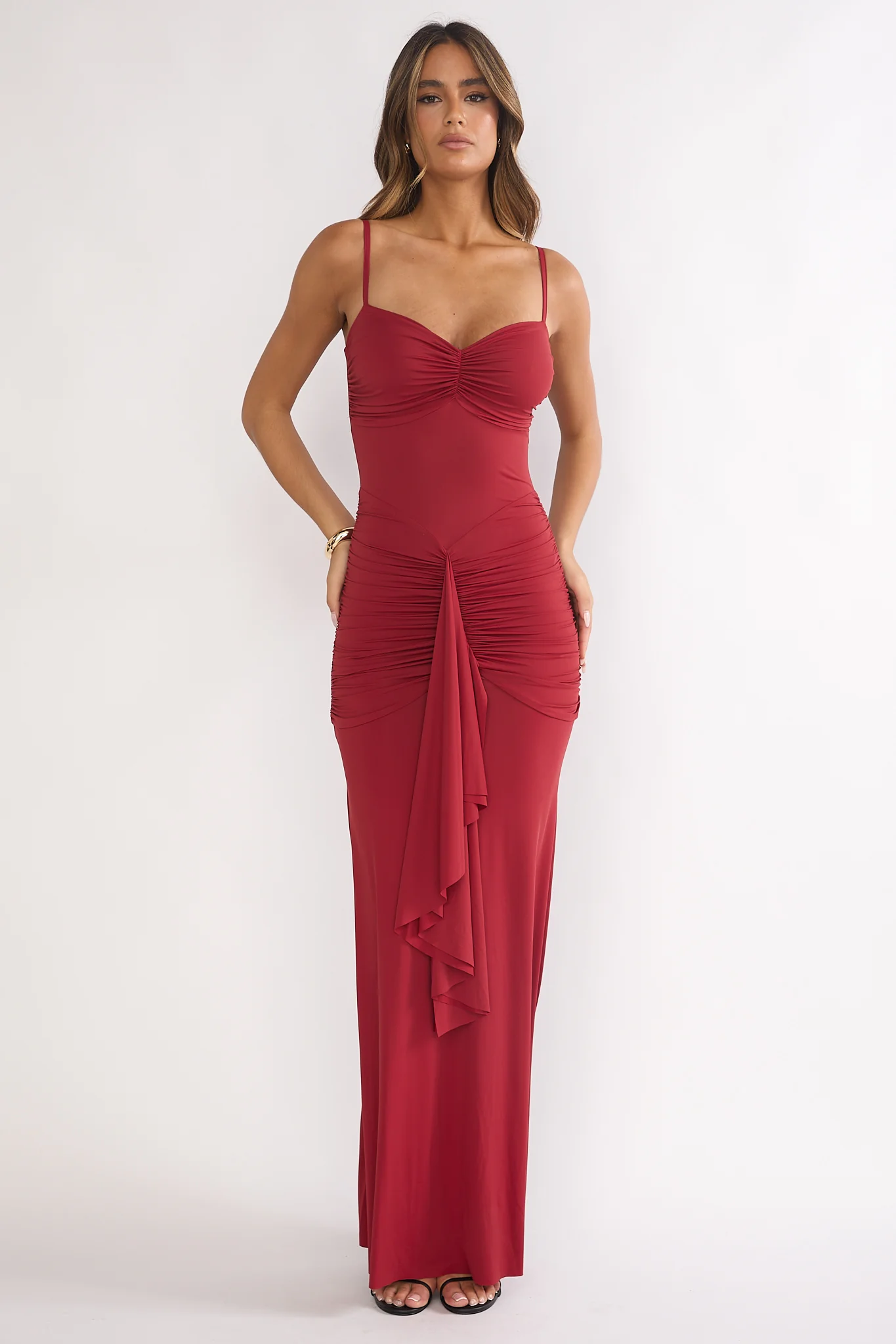 Lunara Ruched Cascade Sash Dress Wine - luluinthesky