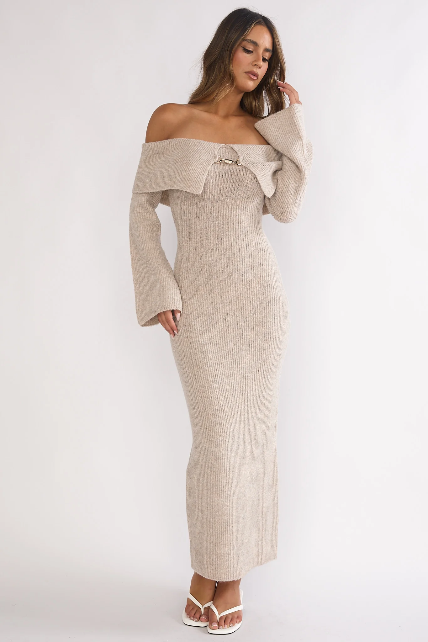 Arwyn Foldover Off-Shoulder Knit Maxi Dress Quinoa - luluinthesky