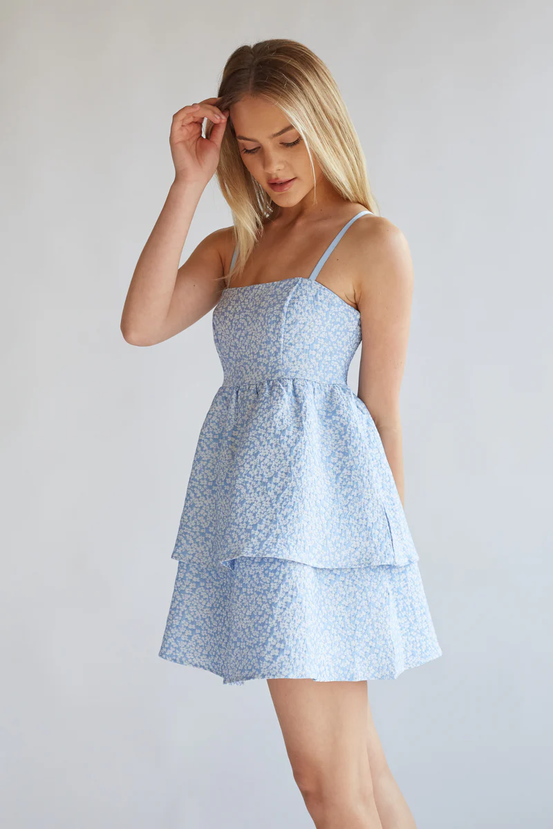 Eileen Floral Jacquard Tiered Babydoll Mini Dress - luluinthesky