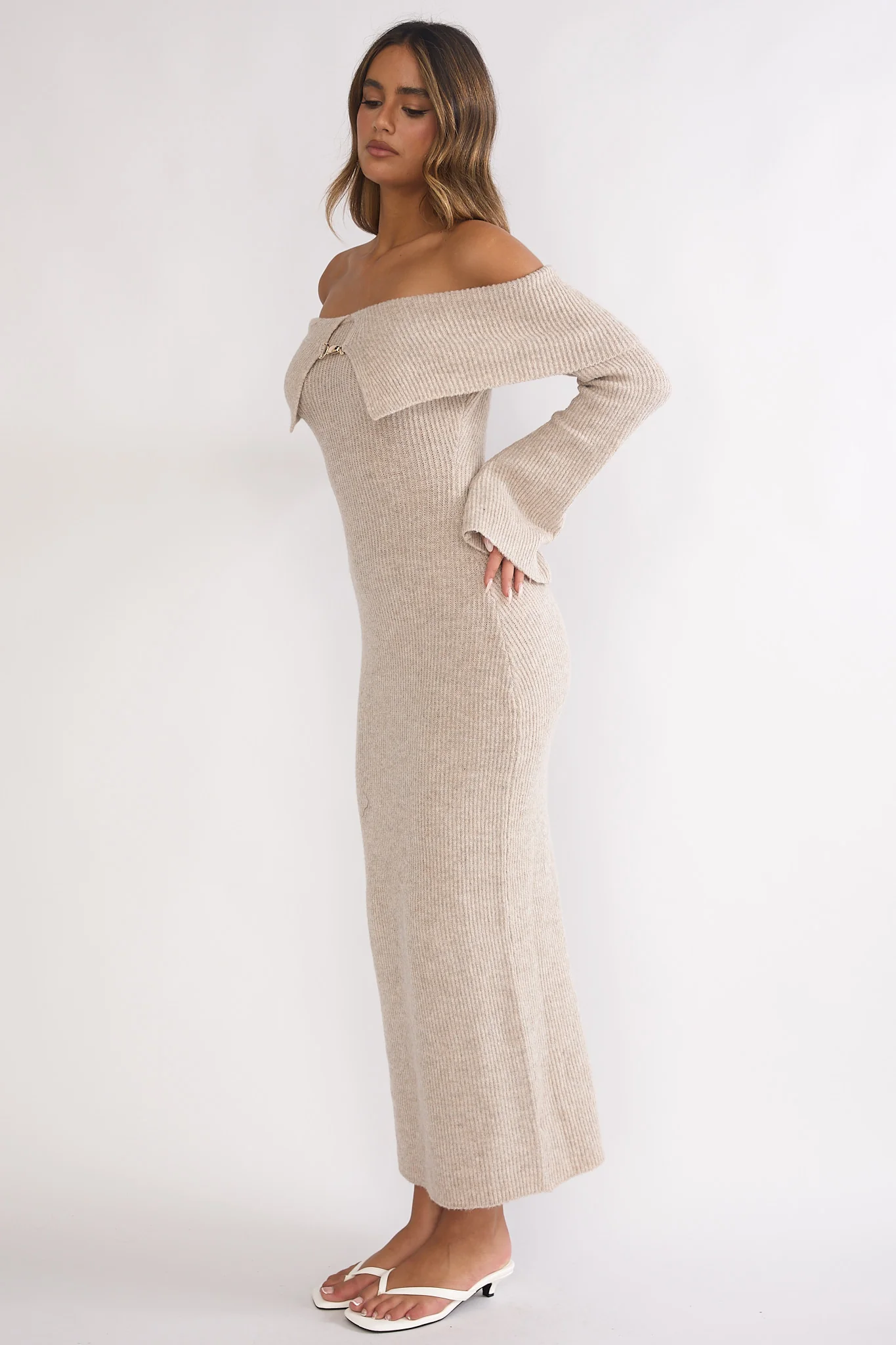 Arwyn Foldover Off-Shoulder Knit Maxi Dress Quinoa - luluinthesky