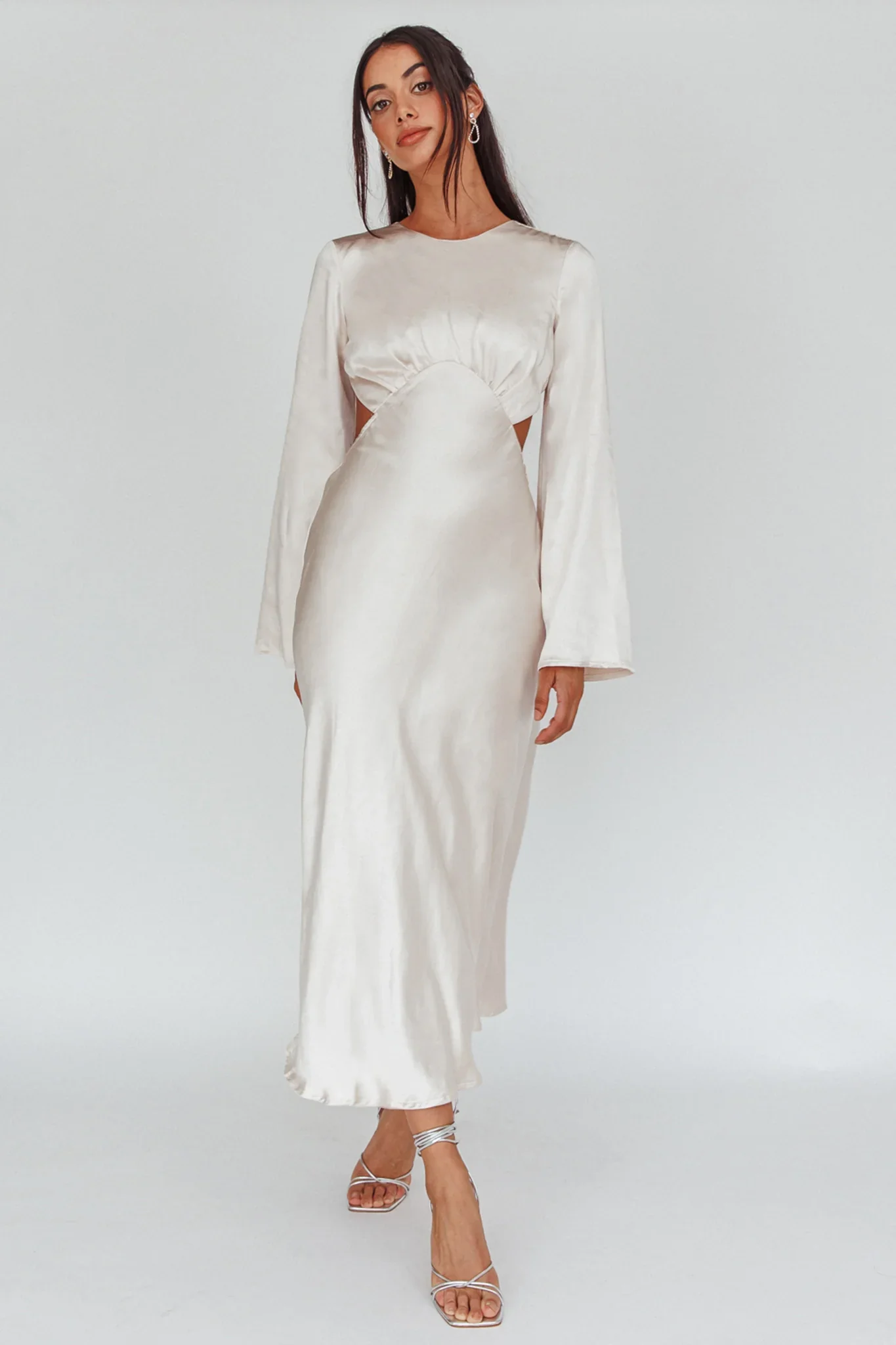 Doting Bell Sleeve Cut-Out Midi Dress Champagne - luluinthesky