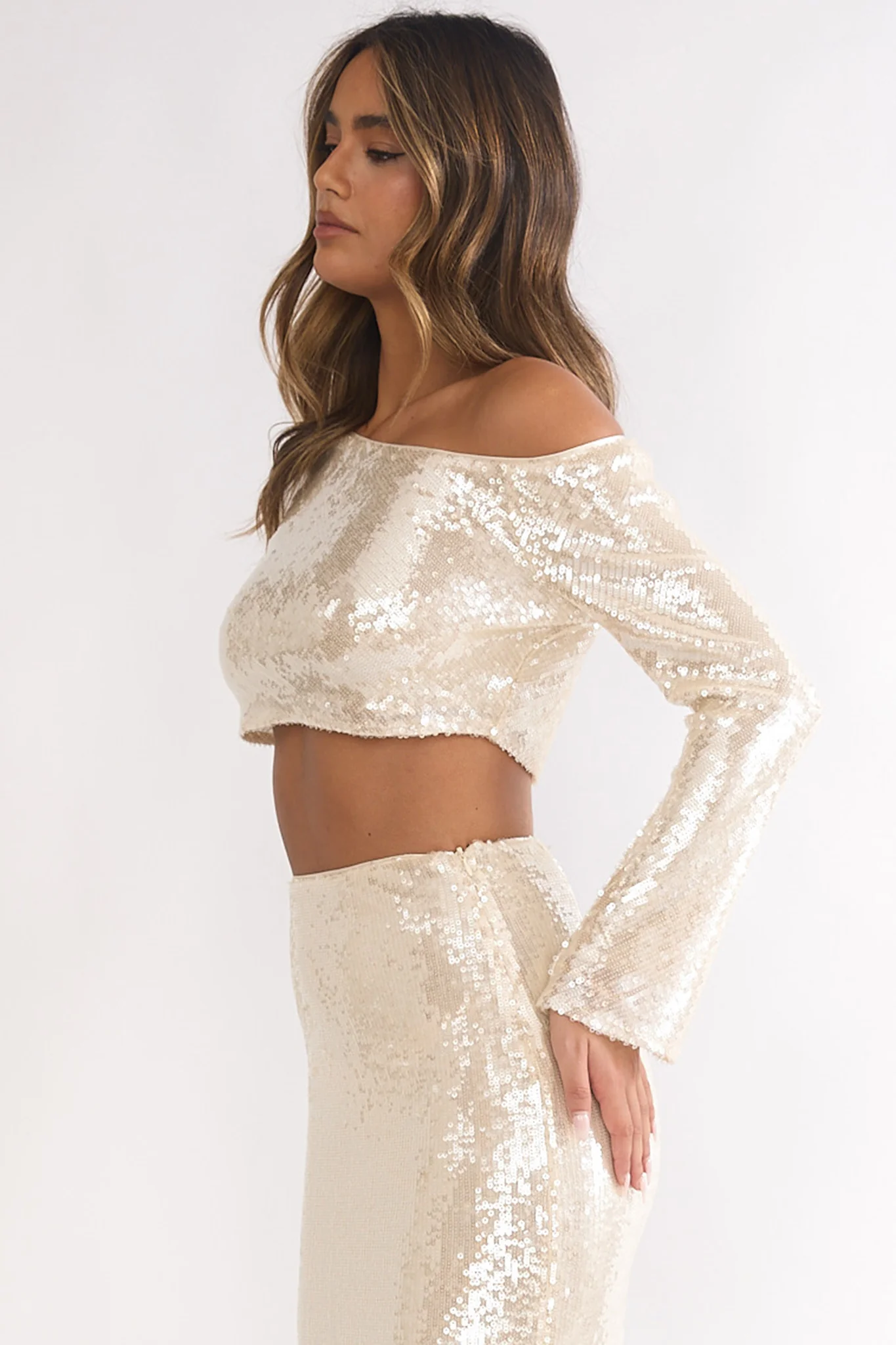 Crystalline Asymmetric Neckline Crop Top Sequin Champagne - luluinthesky