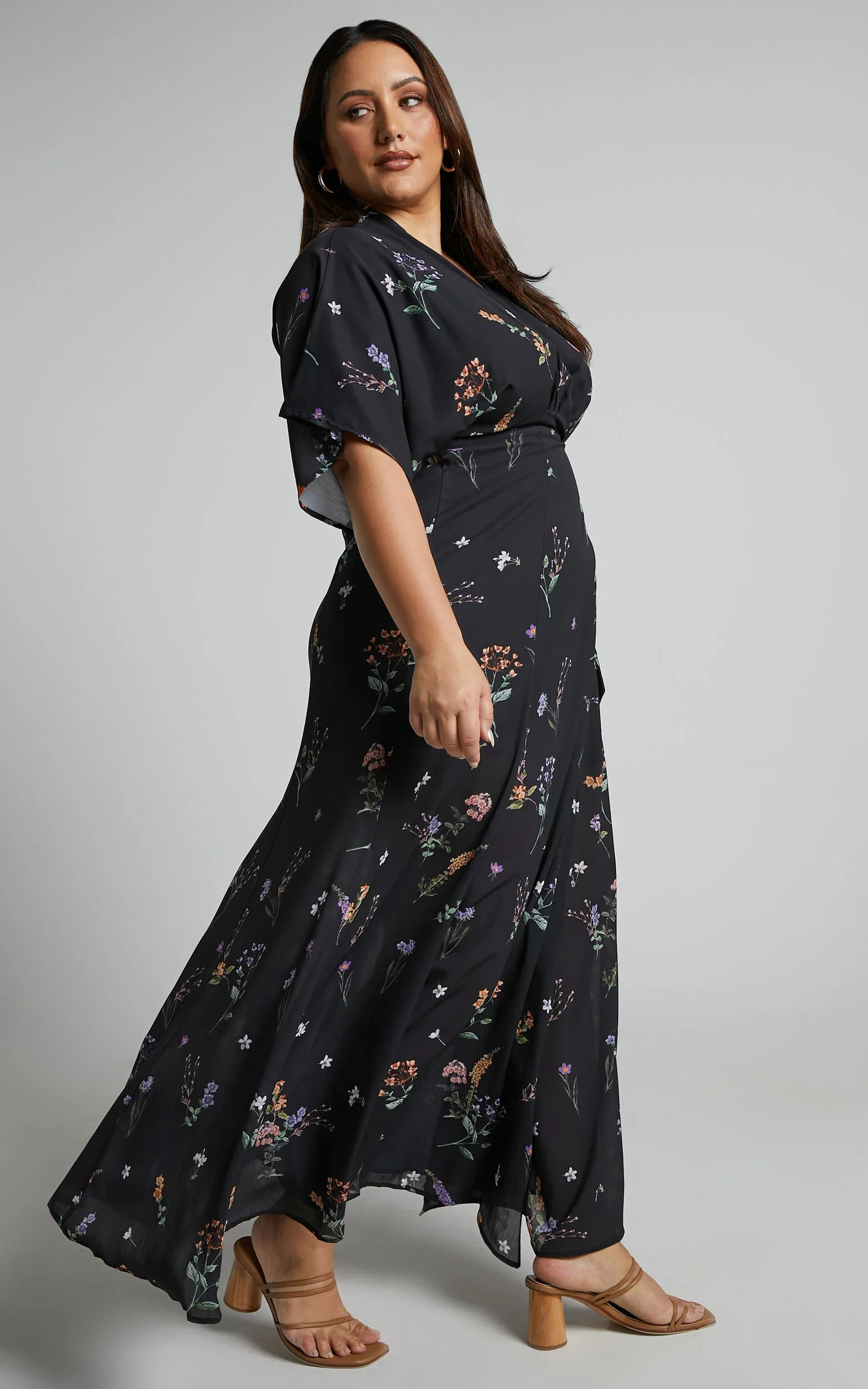 Erenza Maxi Dress - Extended Sleeve Wrap Dress in Black Flower Field - luluinthesky