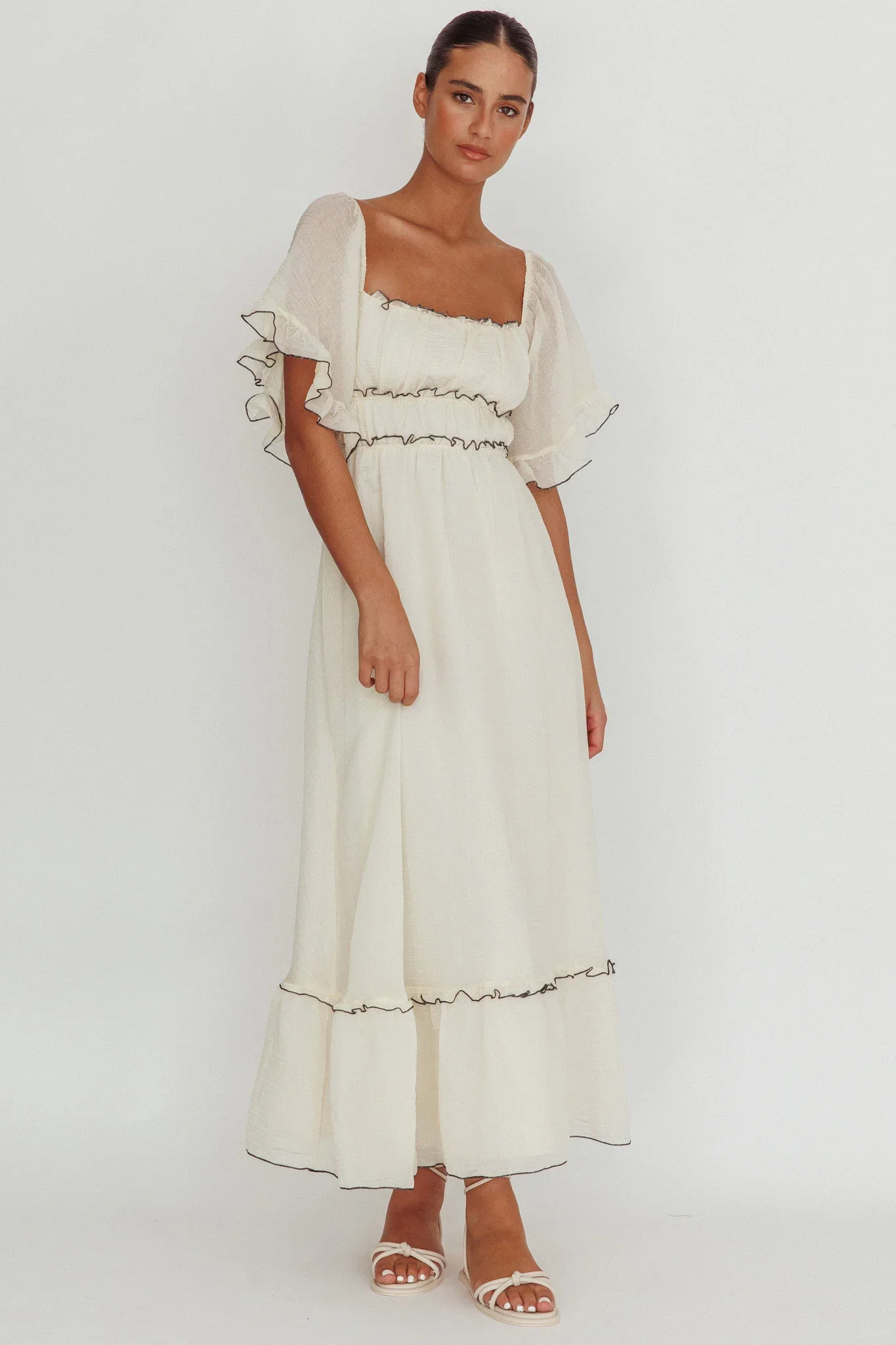 Kathlene Flutter Sleeves Maxi Dress Cream - luluinthesky