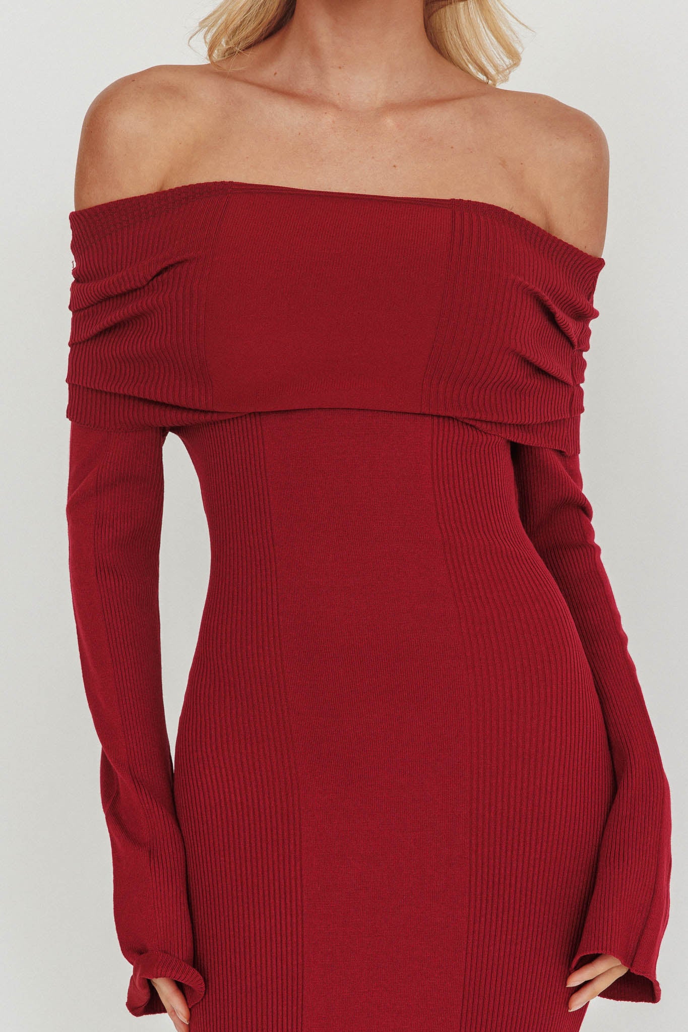Aloura Off-Shoulder Ribbed Knit Maxi Dress Wine - luluinthesky