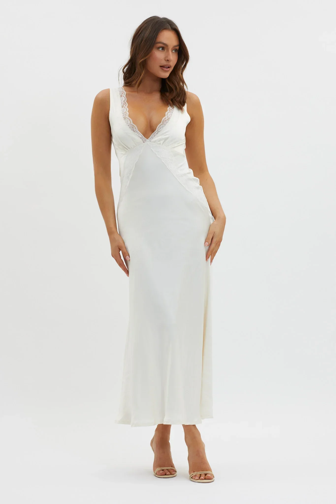 Ivonne Lace Trim V-Neck Maxi Dress Oyster - luluinthesky