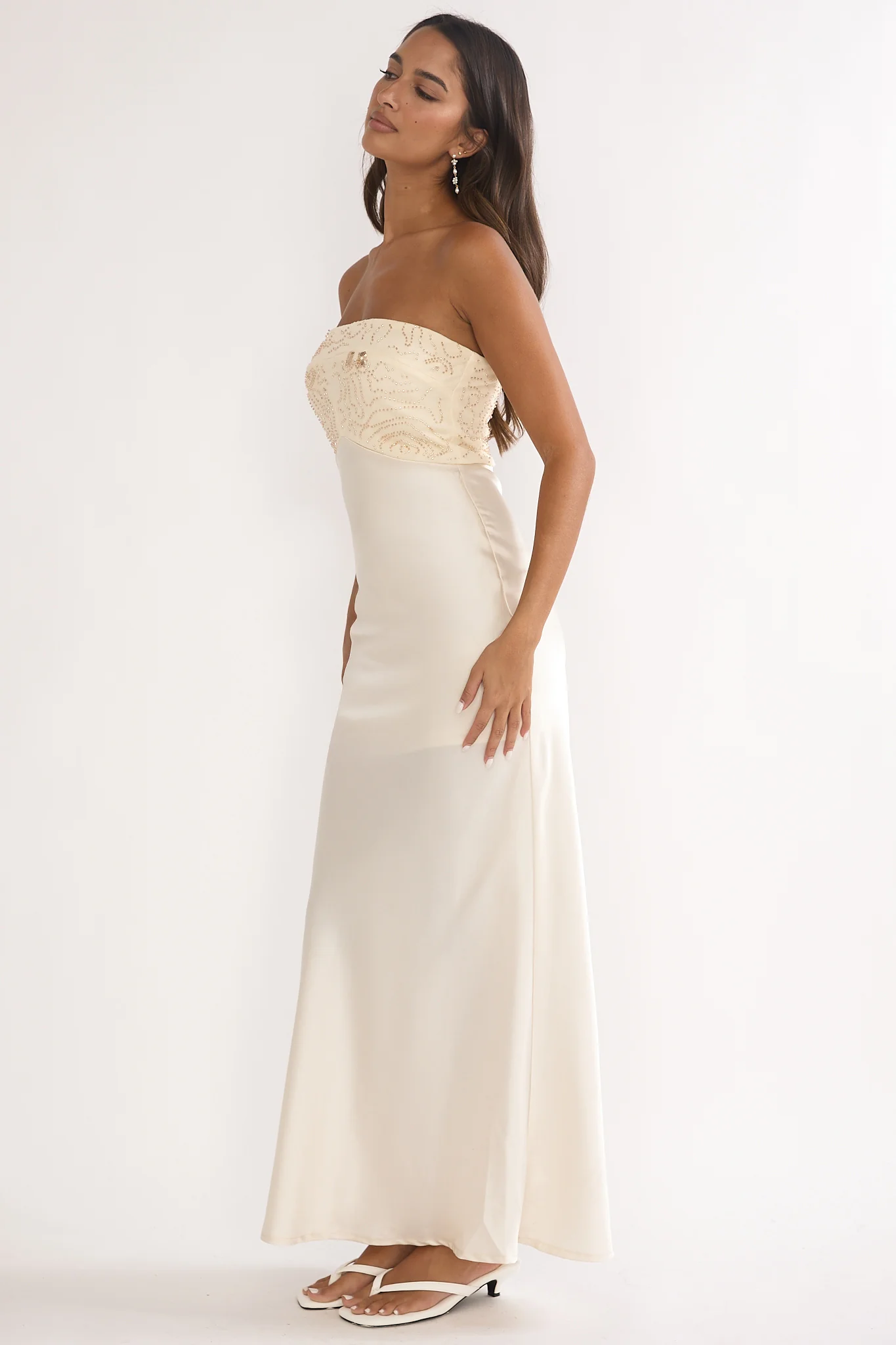 At Dusk Beaded Bust Strapless Maxi Dress Oyster - luluinthesky