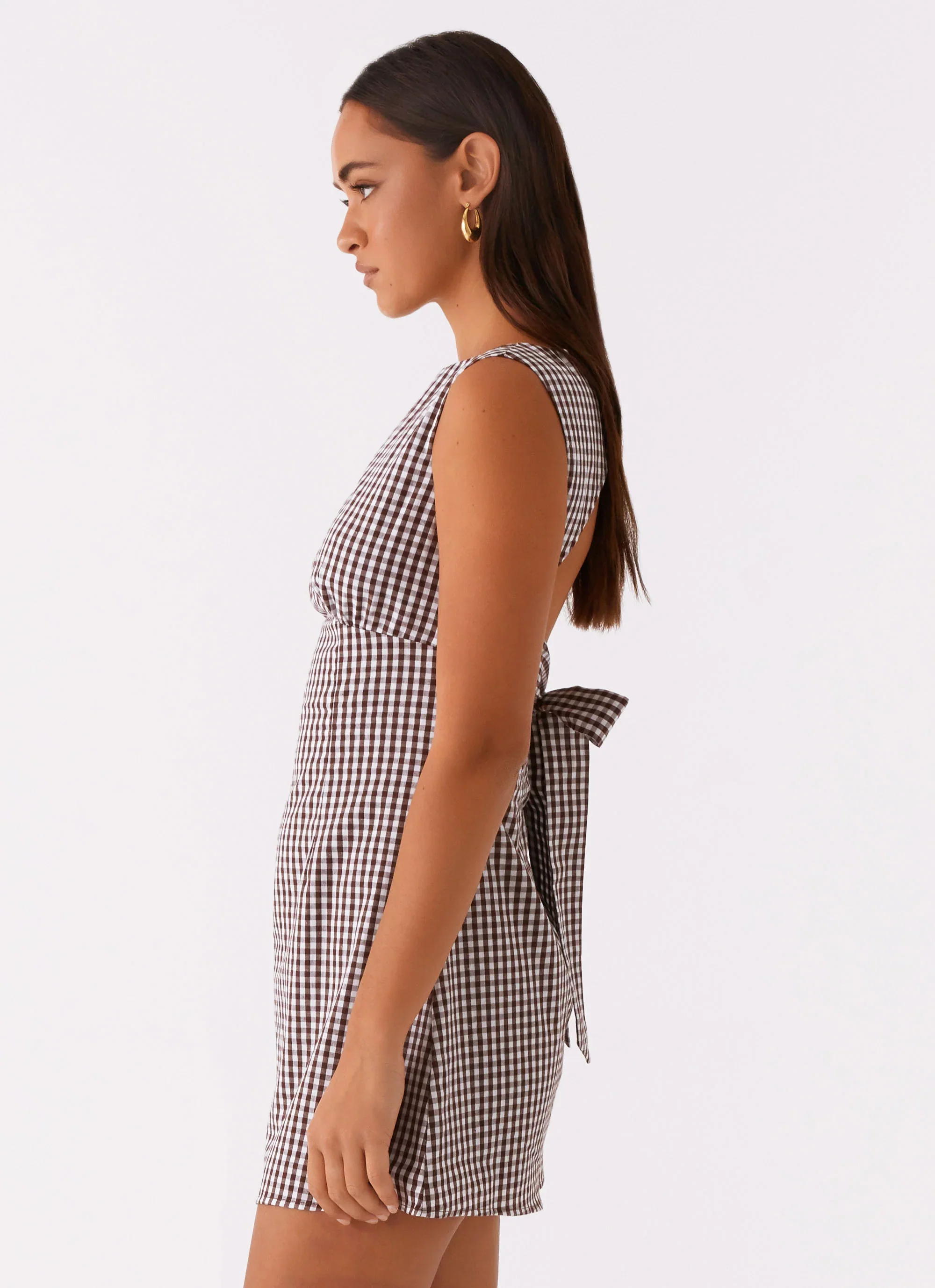 Lotus Tie Back Mini Dress - Chocolate Gingham - luluinthesky