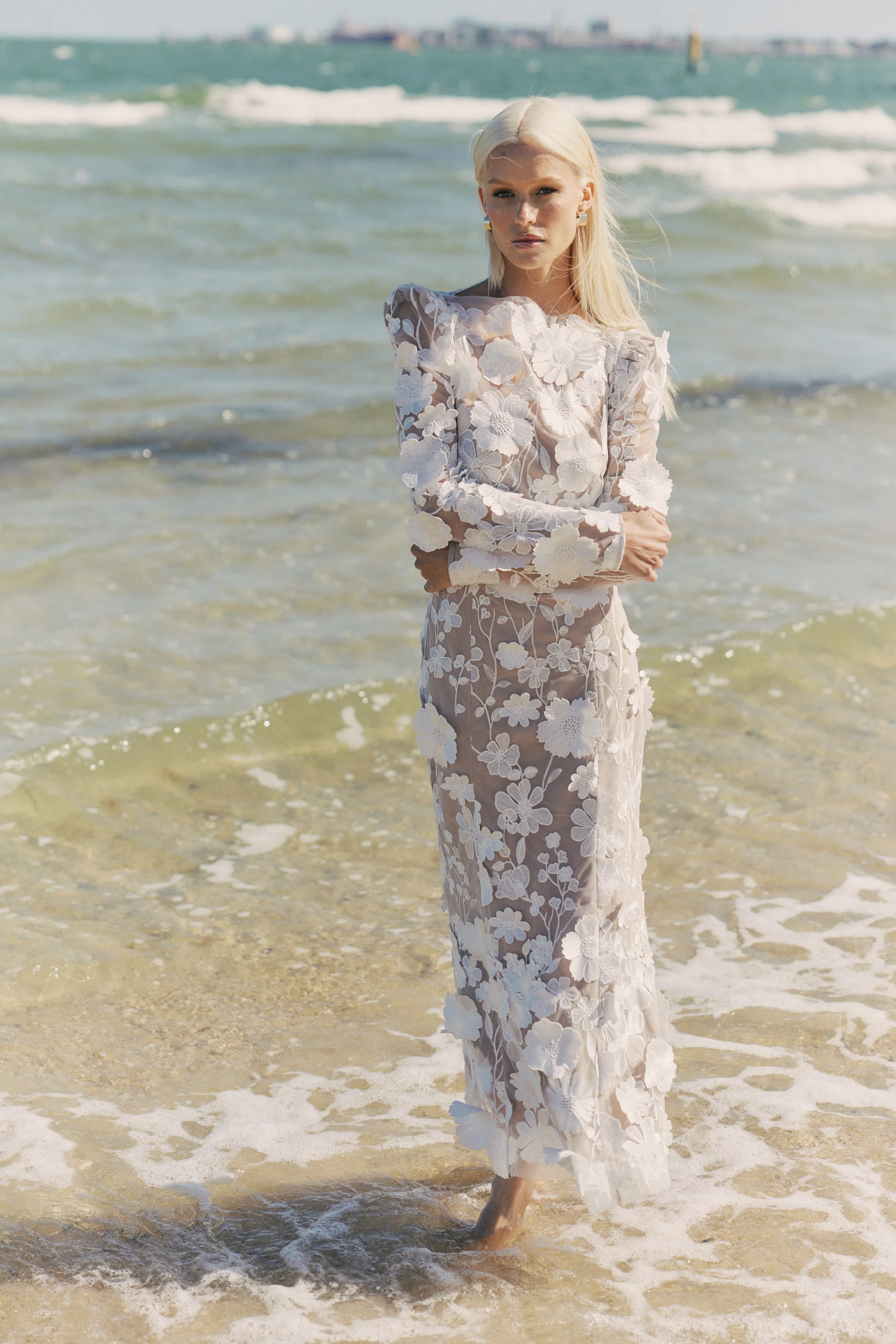 Shannon 3D Floral Midi Dress In White - luluinthesky