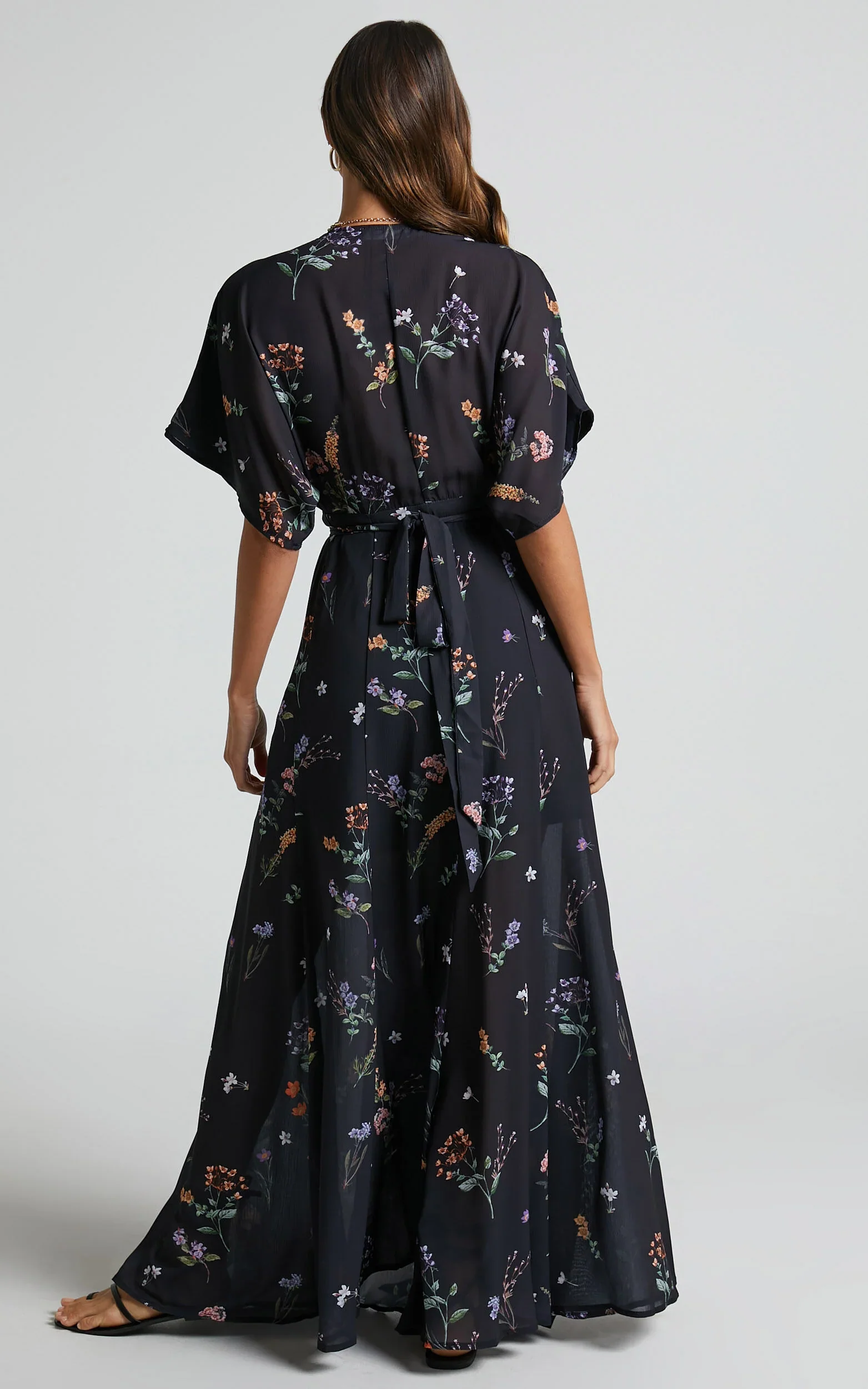 Erenza Maxi Dress - Extended Sleeve Wrap Dress in Black Flower Field - luluinthesky