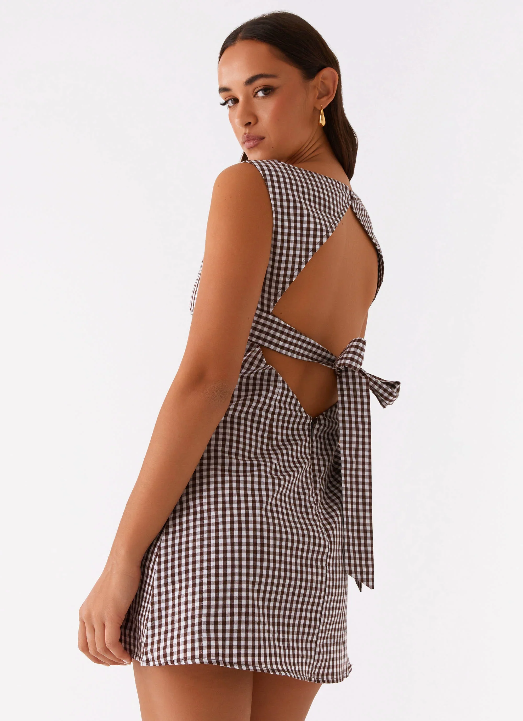 Lotus Tie Back Mini Dress - Chocolate Gingham - luluinthesky